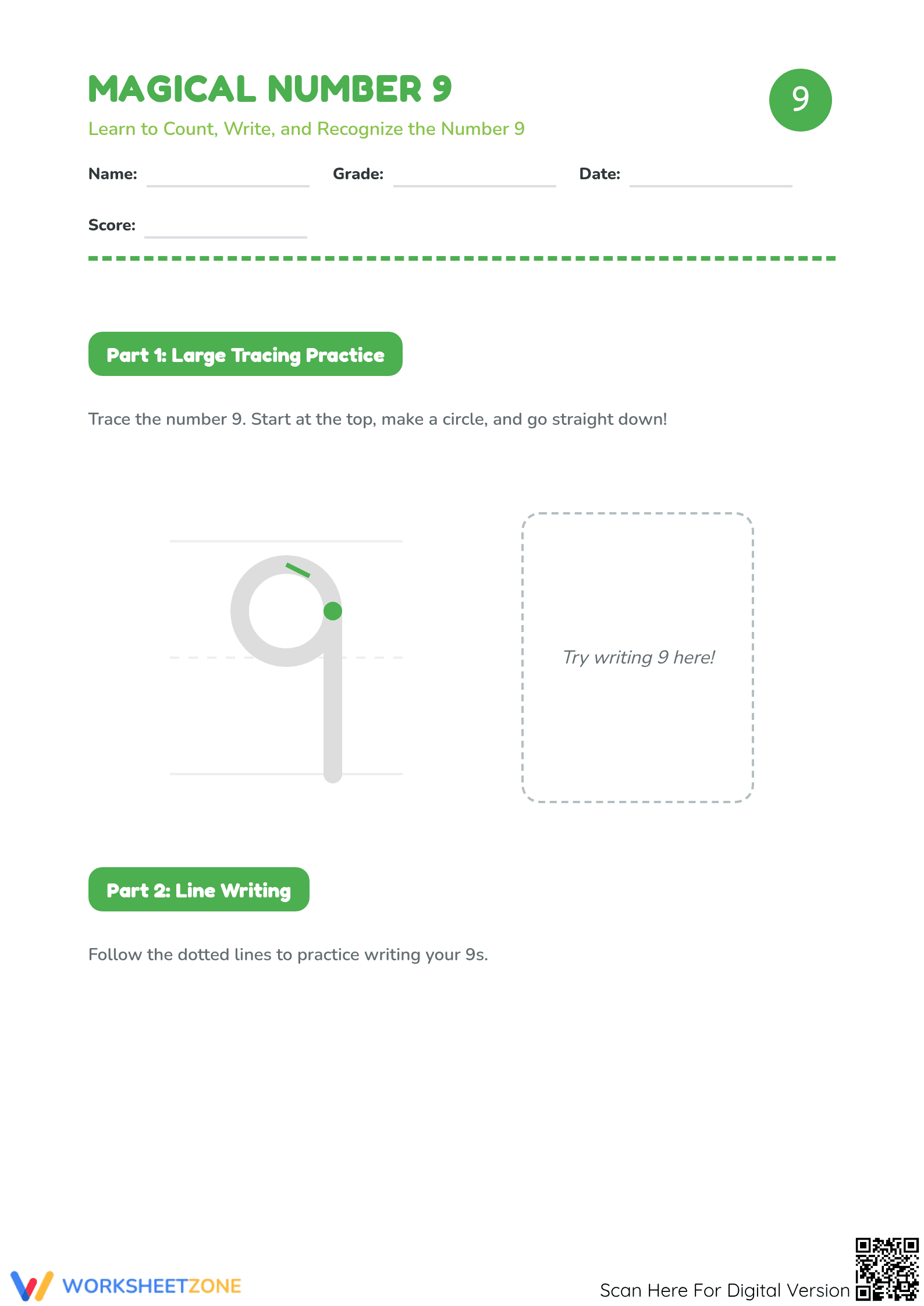 Essential Number 9 Worksheet | Kindergarten Math Practice - Page 1