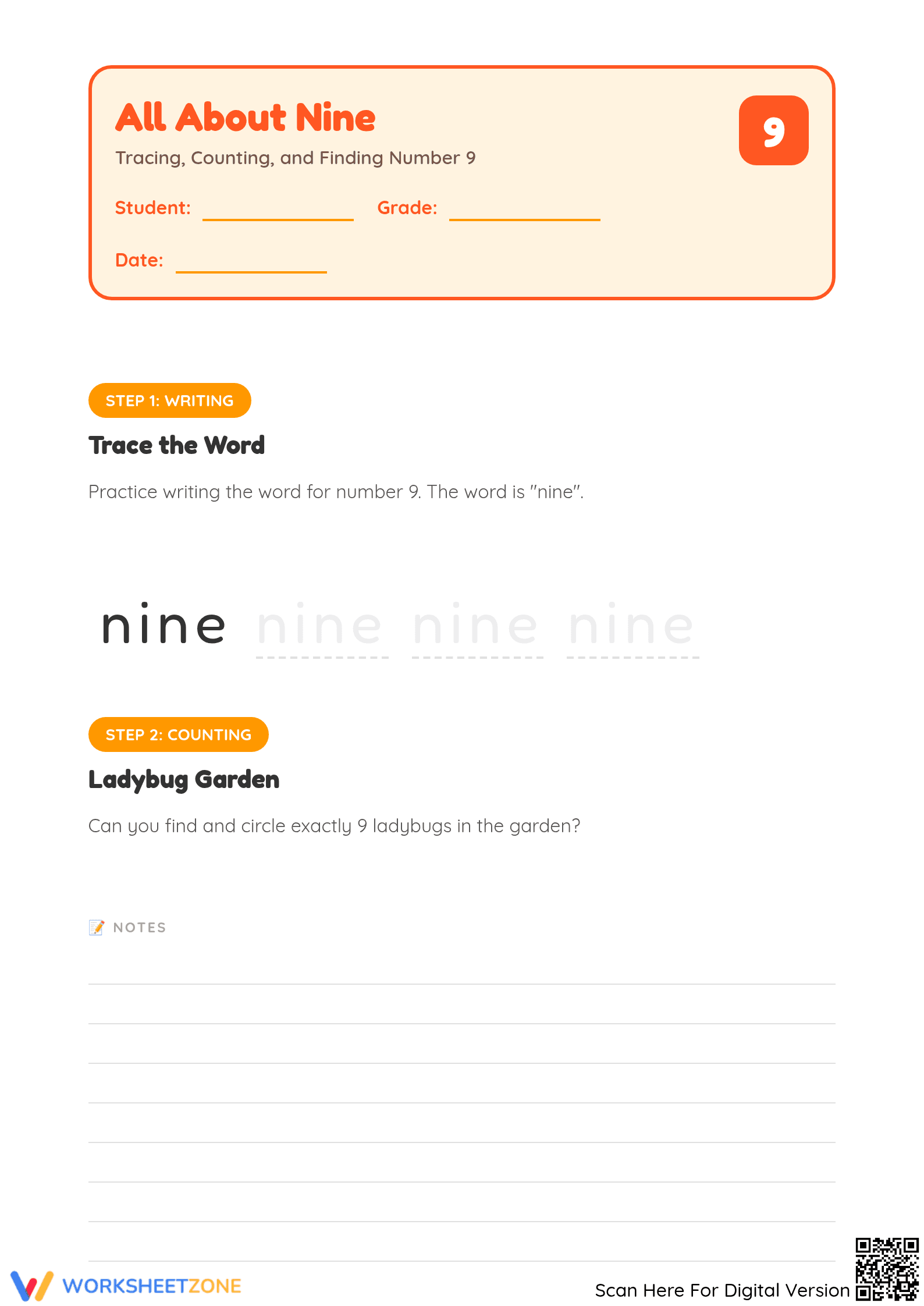 Number 9 Worksheet | Essential Kindergarten Math Counting - Page 1