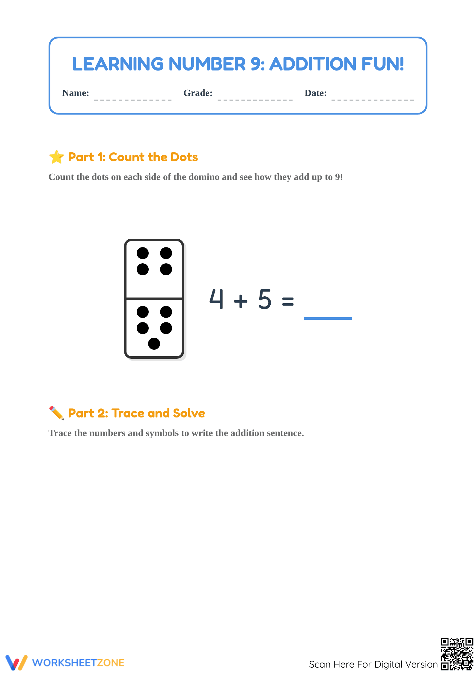 Essential Number 9 Addition Worksheet | Grade K-1 Math - Page 1