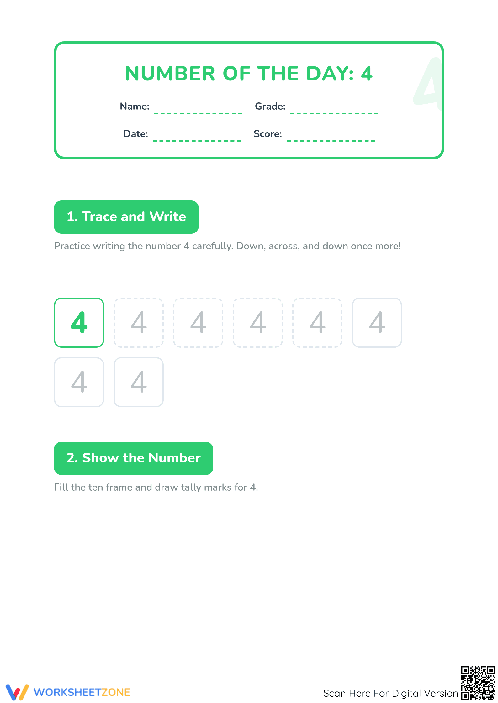 Kindergarten Number 4 Worksheet | Printable Daily Math - Page 1