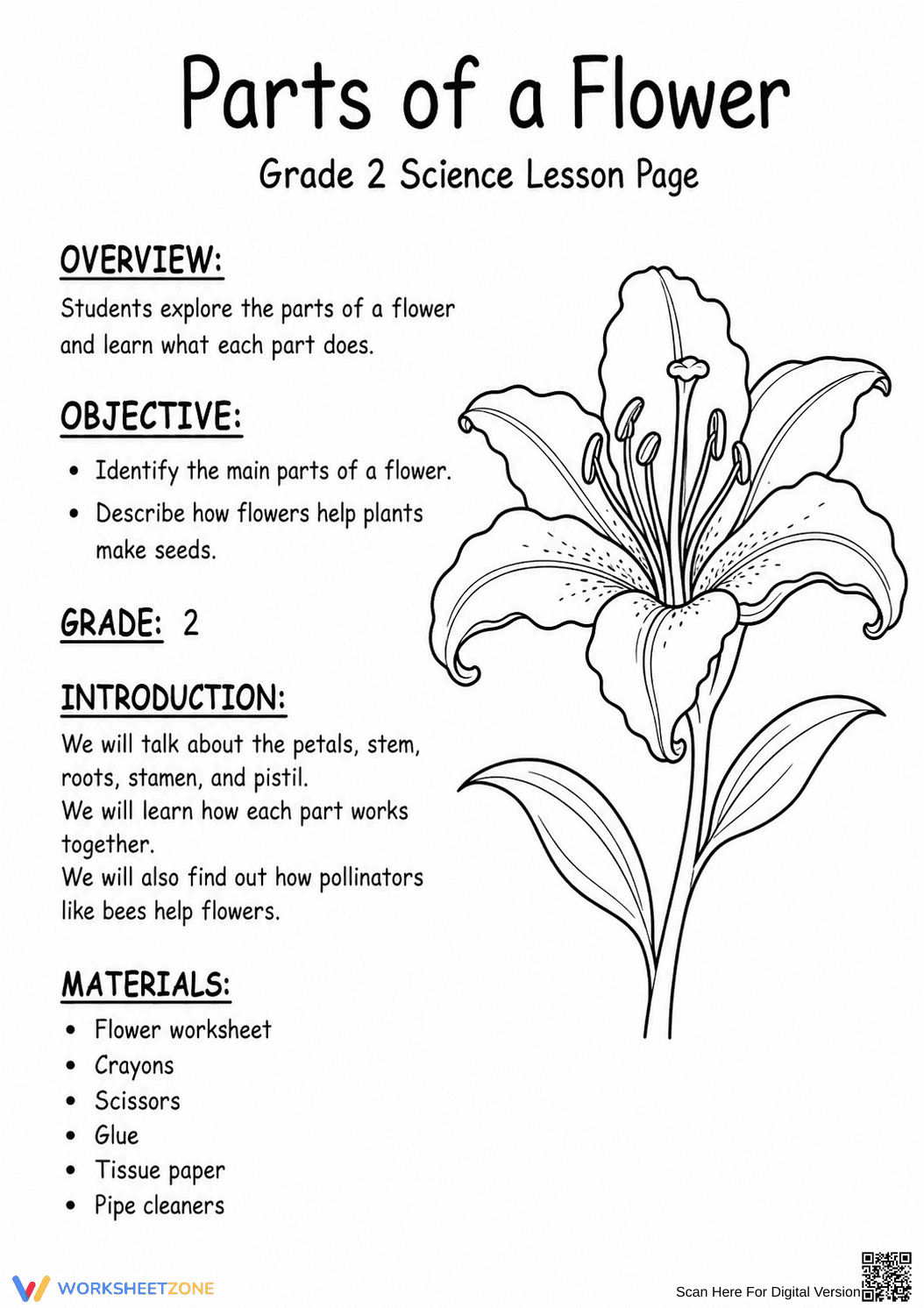 2-LS2-2 Worksheet: Essential Parts of a Flower — Grade 2 - Page 1