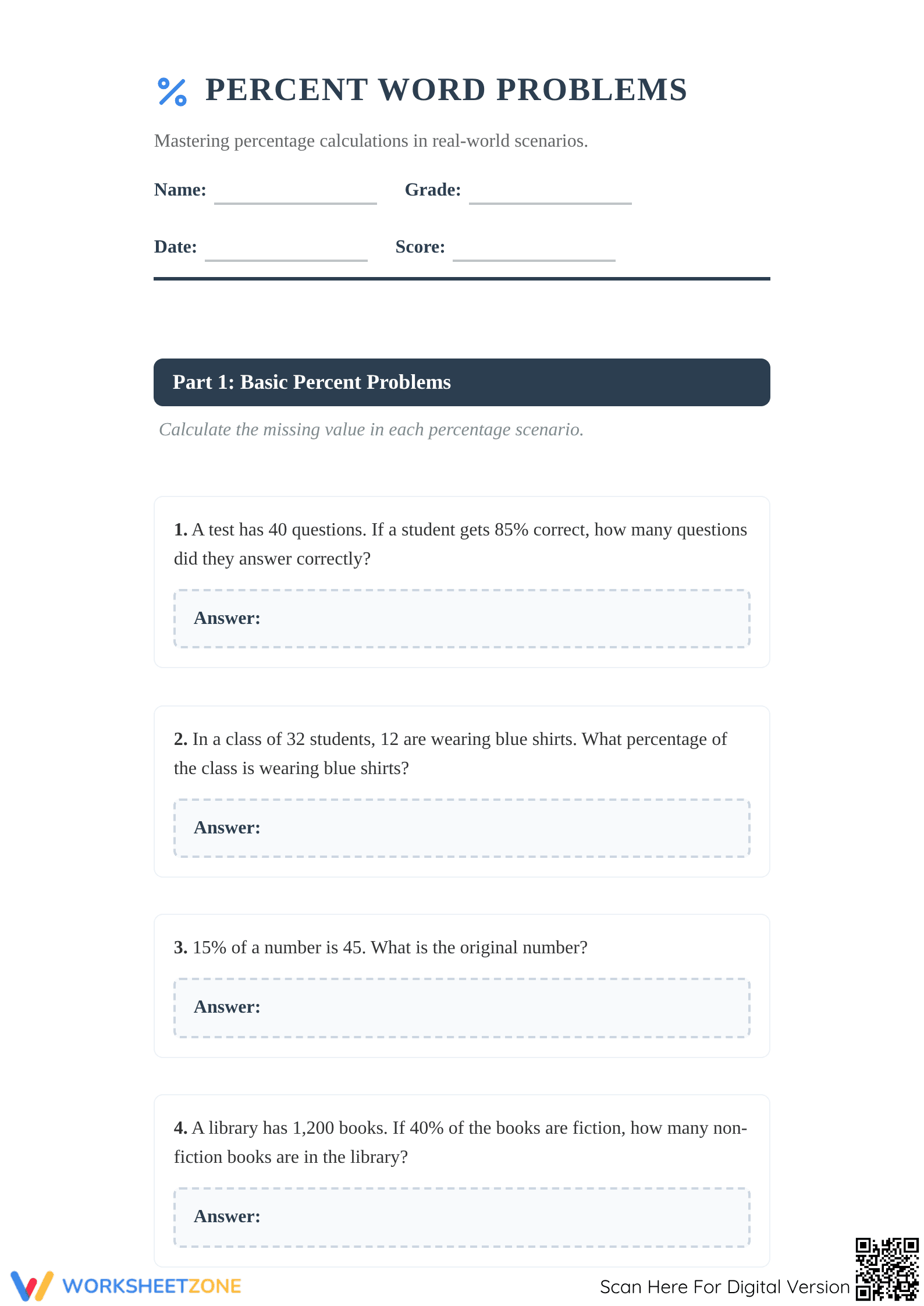 Percent Word Problems Worksheet | Essential Grade 7 Math - Page 1