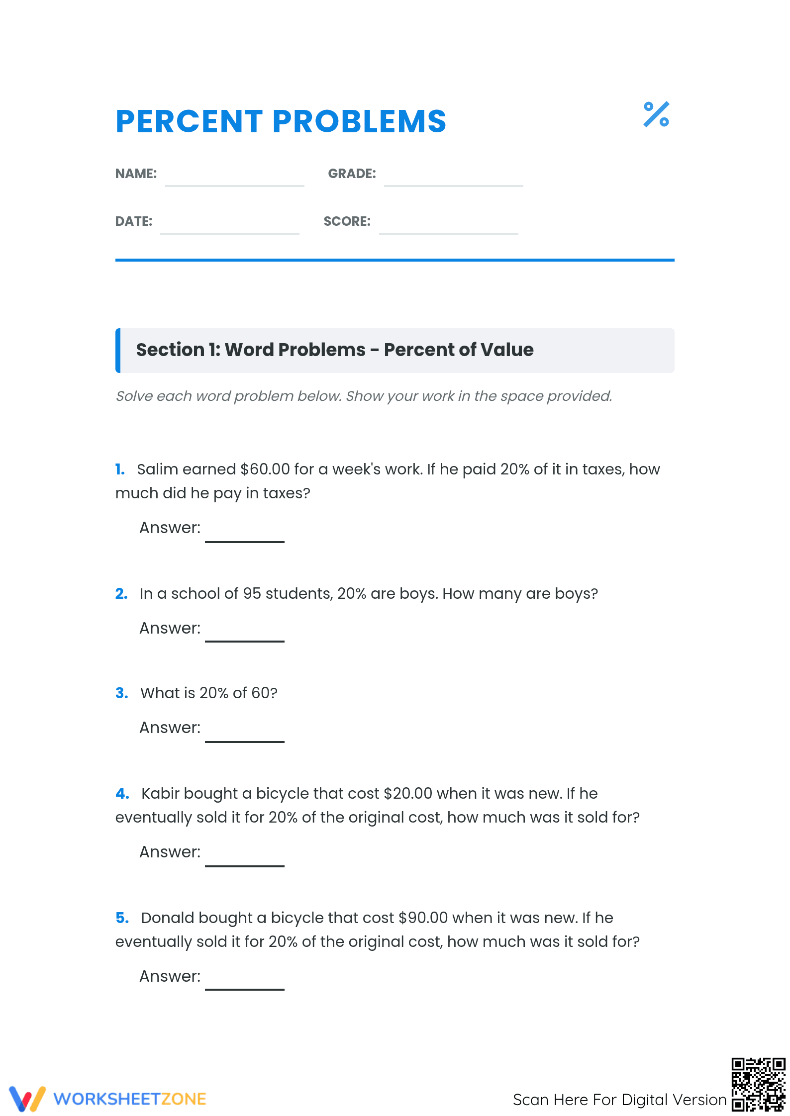 Printable Percent Problems Worksheet | Grade 6 Math - Page 1