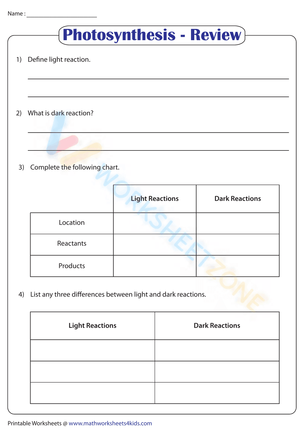 Photosynthesis Review Worksheet | Grade 9-12 Printable - Page 1