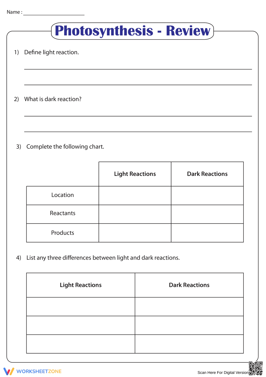 Photosynthesis Review Worksheet | Grade 9-12 Printable - Page 1