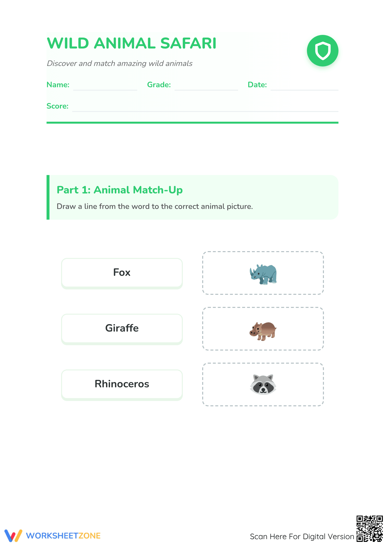 Wild Animal Safari Vocabulary Worksheet | Grade 1 Ready - Page 1