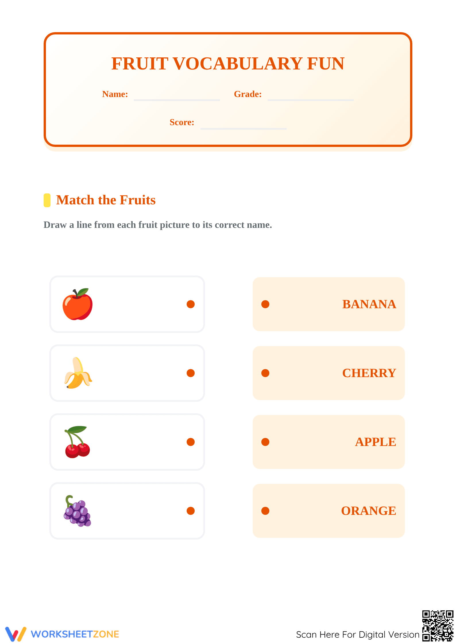 Fruit Vocabulary Matching Worksheet | Grade 1 Printable - Page 1