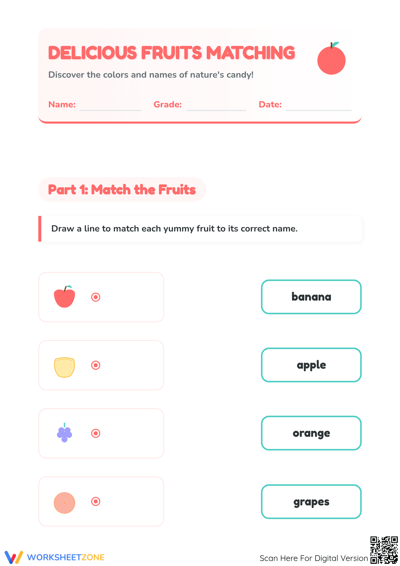 Fruit Picture Word Matching Worksheet | Grade K-1 Printable - Page 1