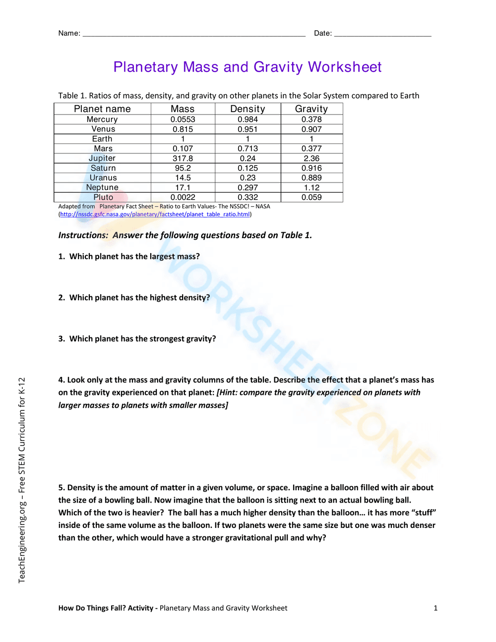 Planetary Mass and Gravity Worksheet | Essential Science - Page 1