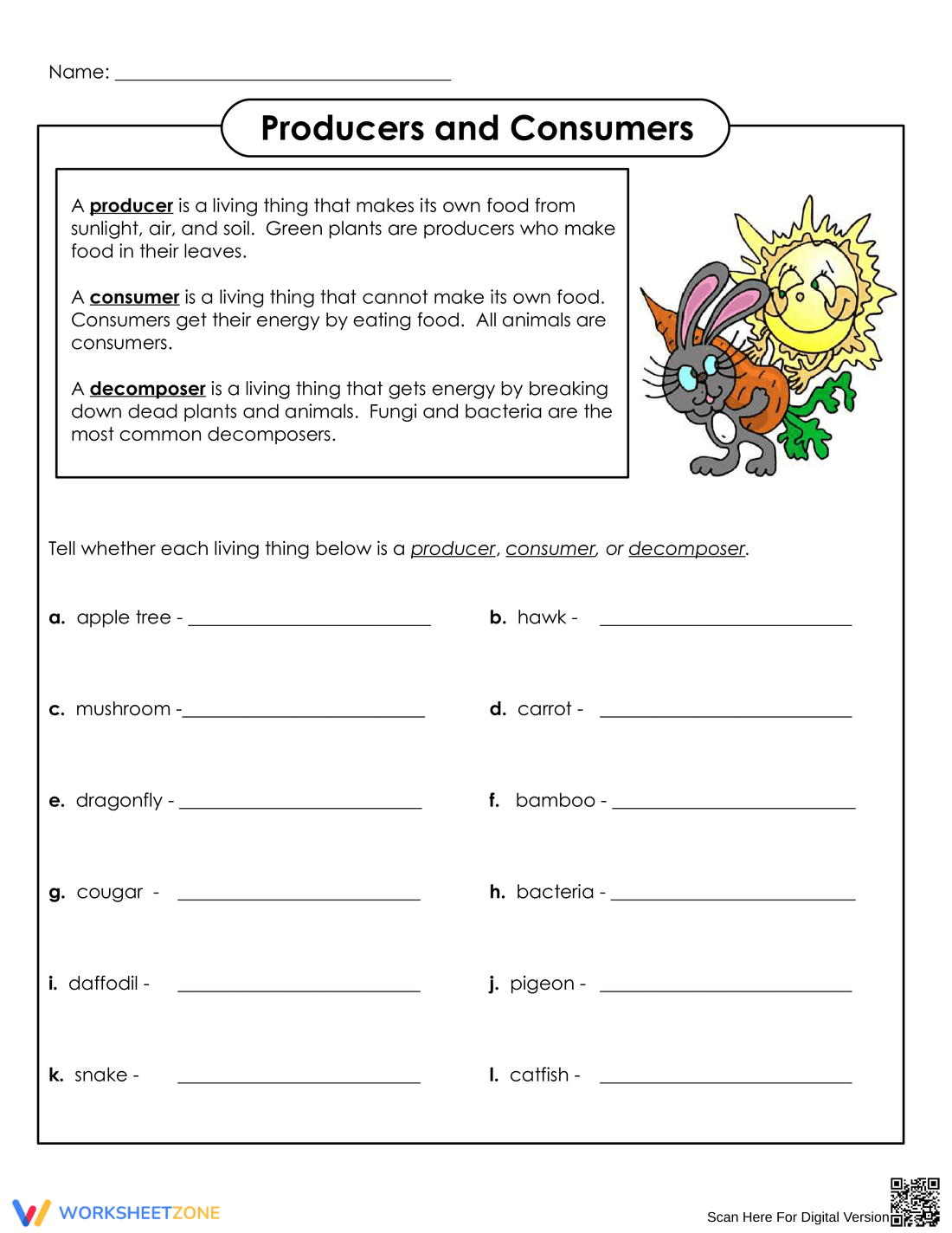 Producers and Consumers Science Worksheet for Kids - Page 1