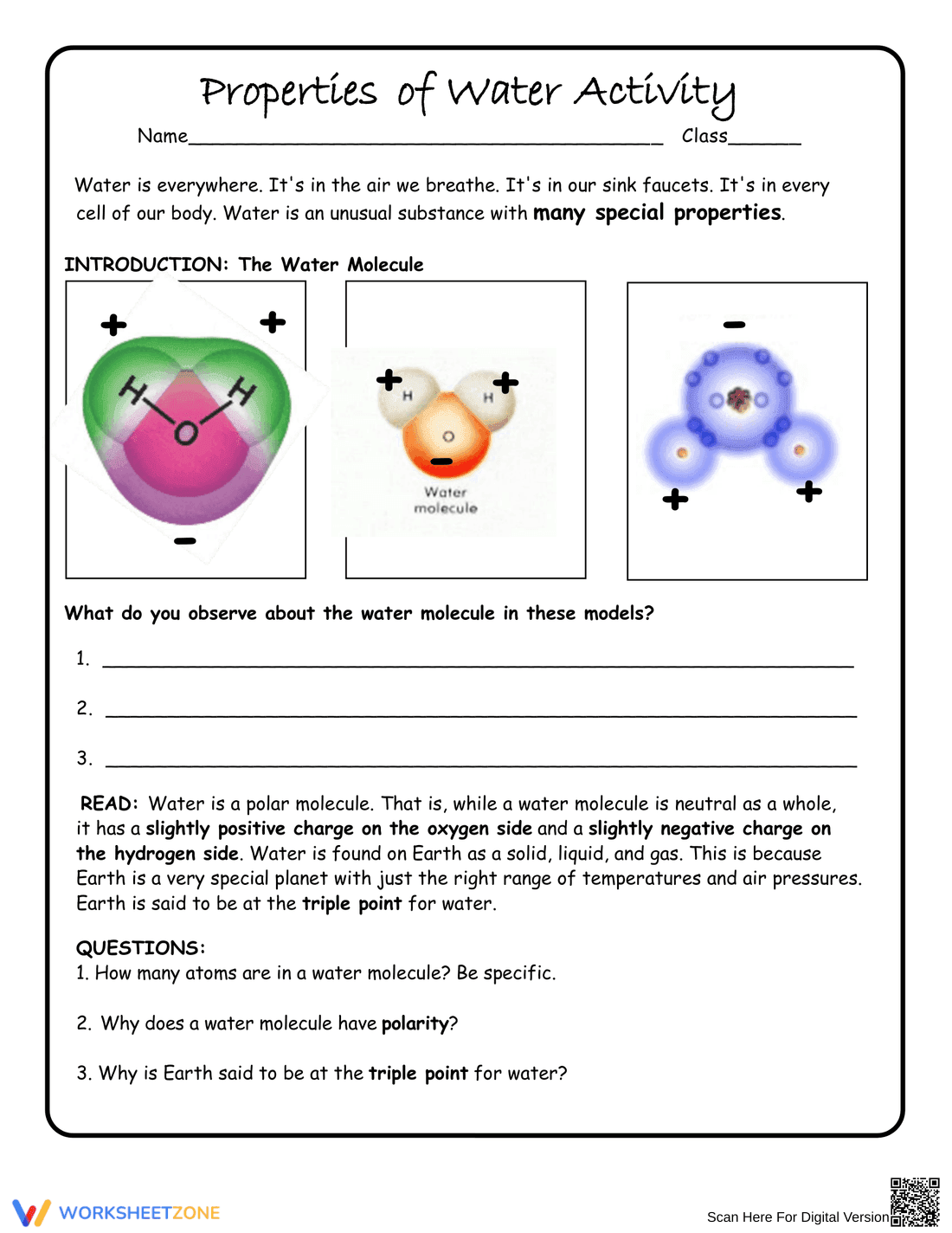 Properties of Water Activity Worksheet - Page 1