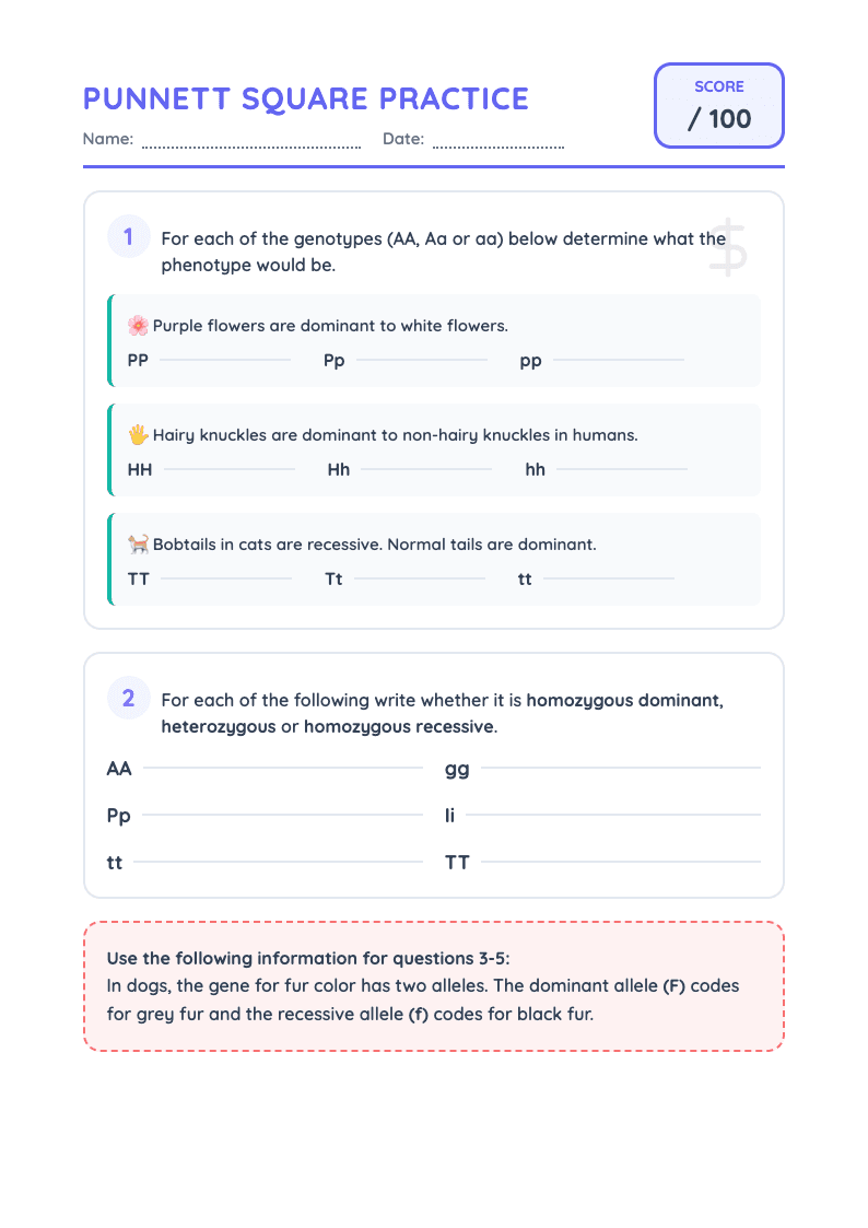 Punnett Square Practice Worksheet for Genetics - Page 1
