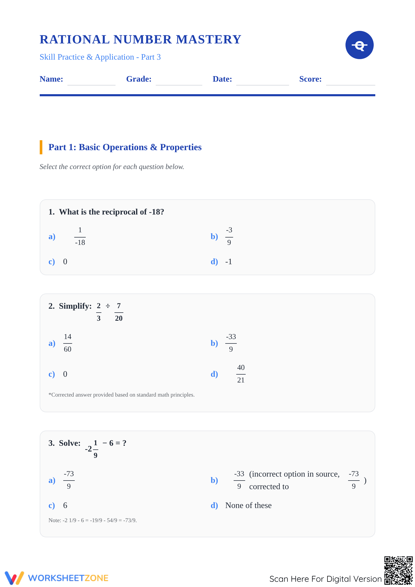 Rational Number Mastery Worksheet | Printable Grade 7 Math - Page 1