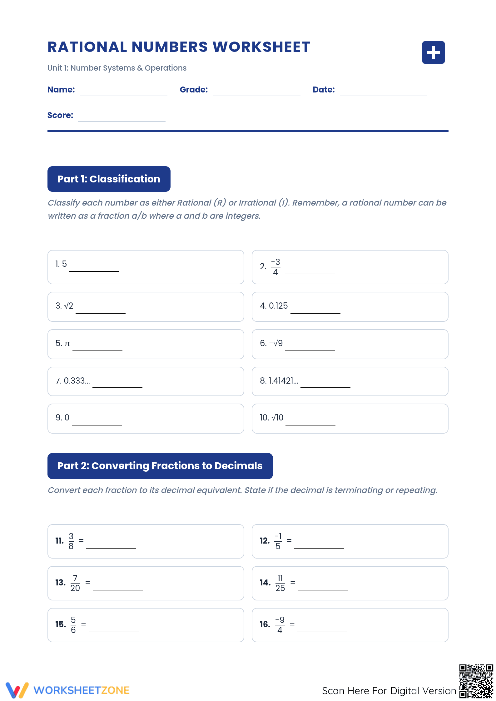 Essential Grade 7 Rational Numbers Worksheet | Aligned - Page 1
