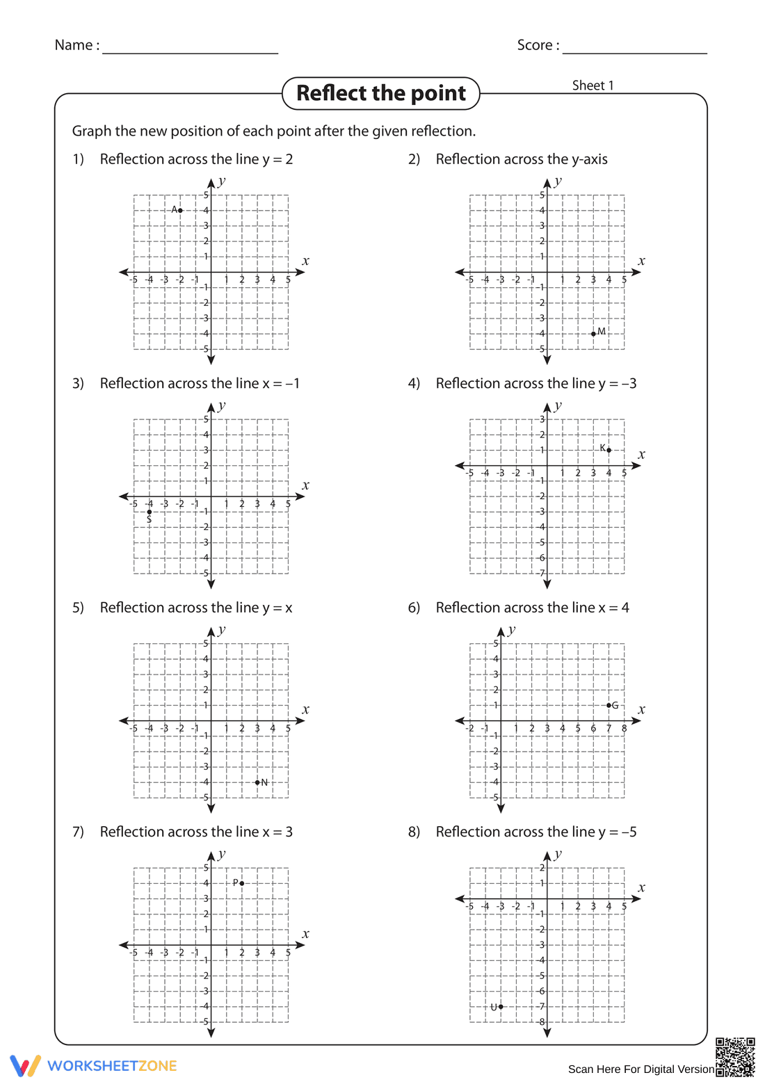 Reflection of a Point: Printable Grade 8 Worksheet - Page 1