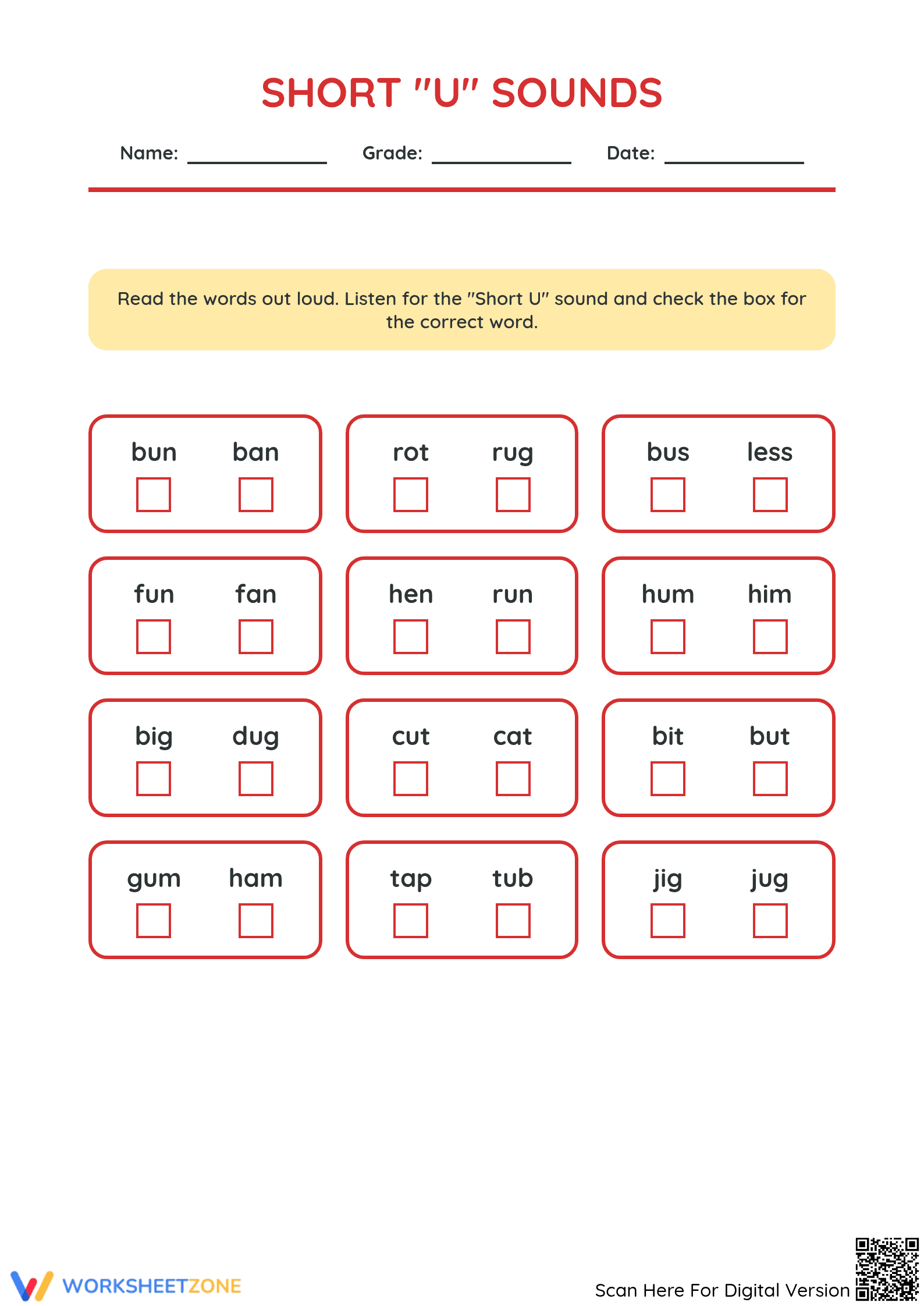 Short U Sounds Worksheet | Grade 1 Essential Phonics - Page 1