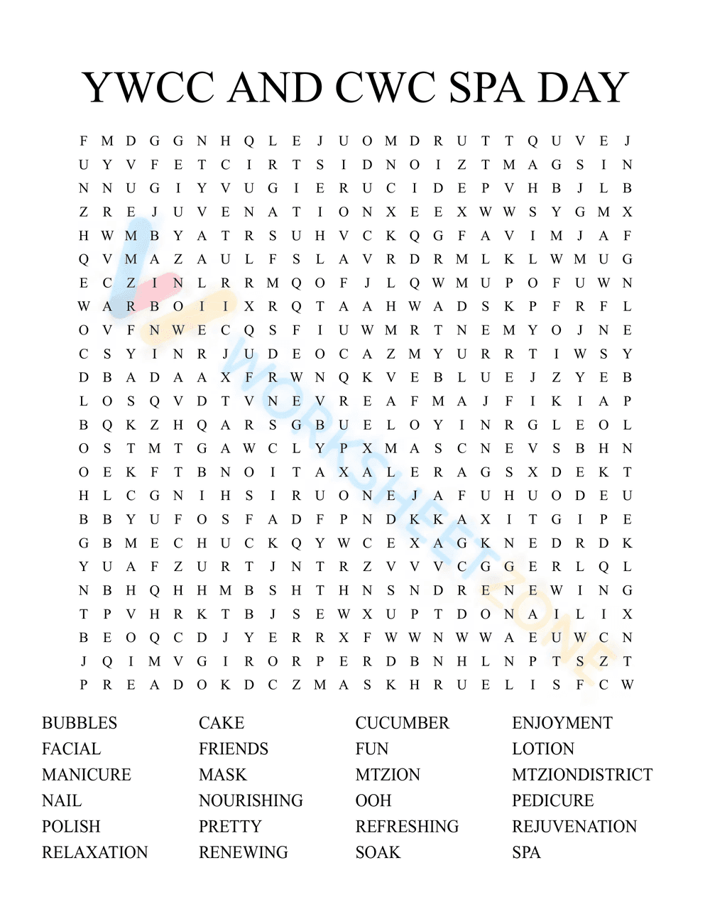 spa party word search 3 - Page 1