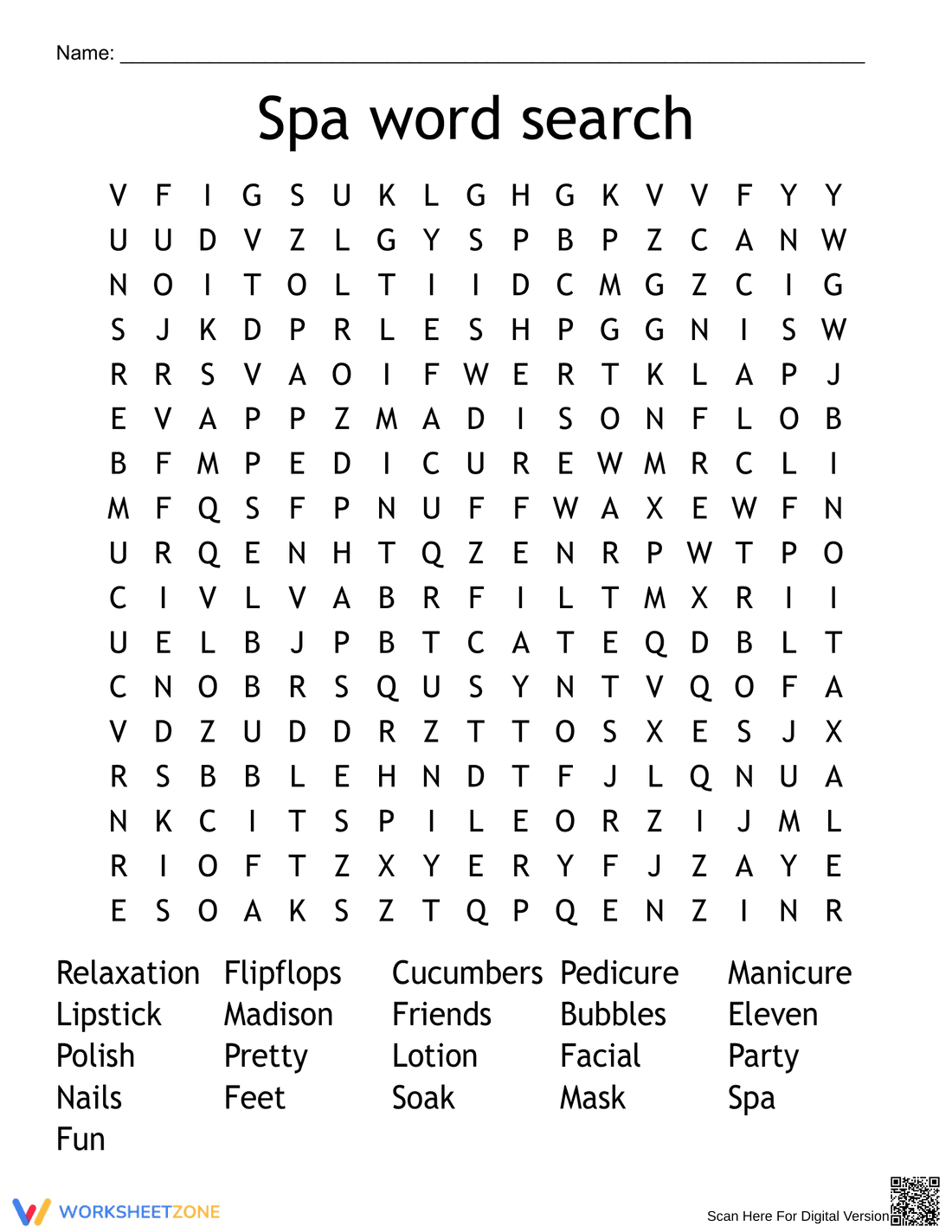 Printable Spa Party Word Search Worksheet | Grade 3 - Page 1