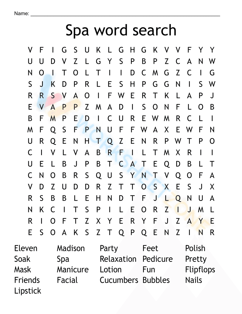 spa party word search 5 - Page 1