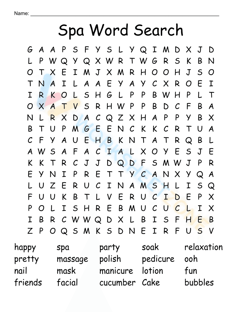 spa party word search 7 - Page 1