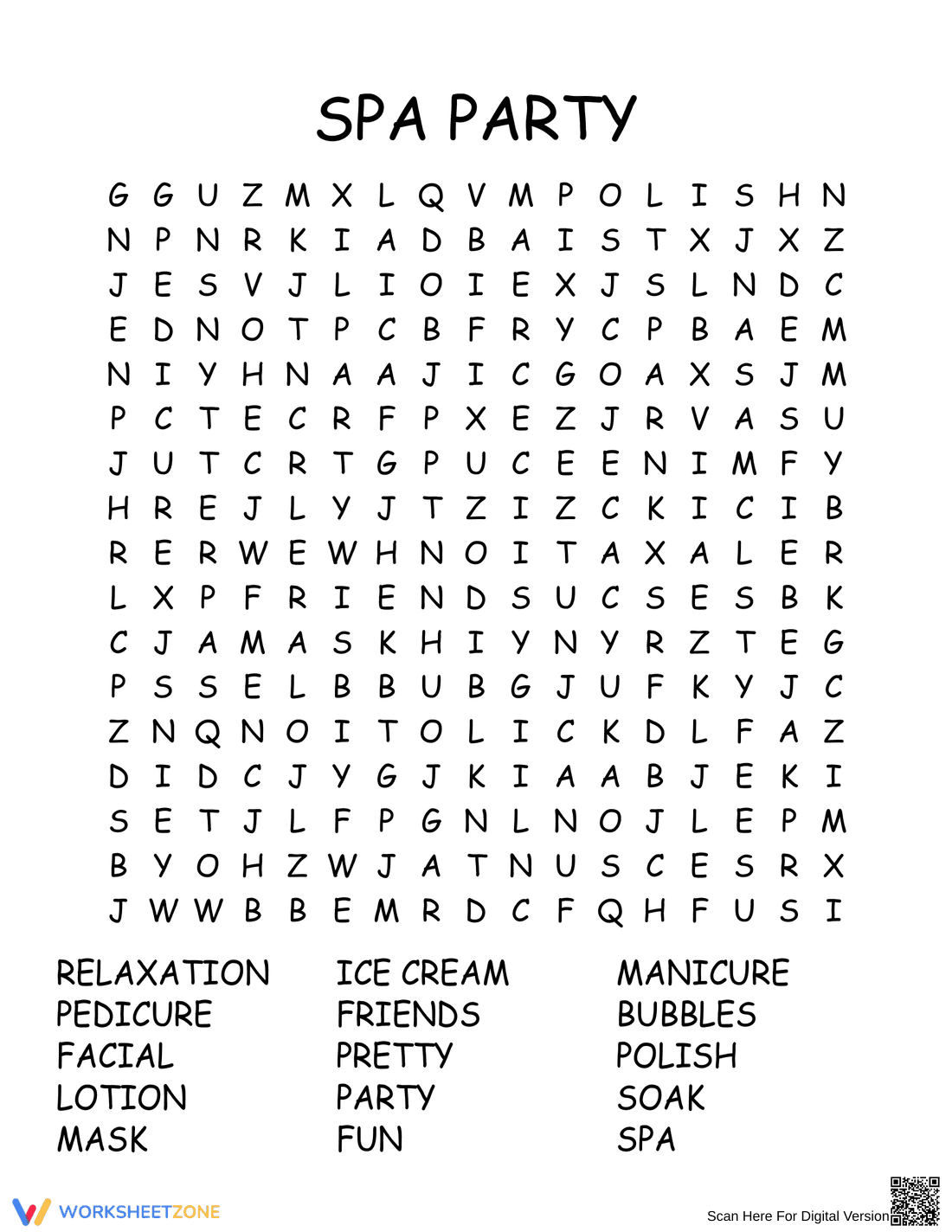 Spa Party Word Search: Printable Grade 3 Vocabulary - Page 1