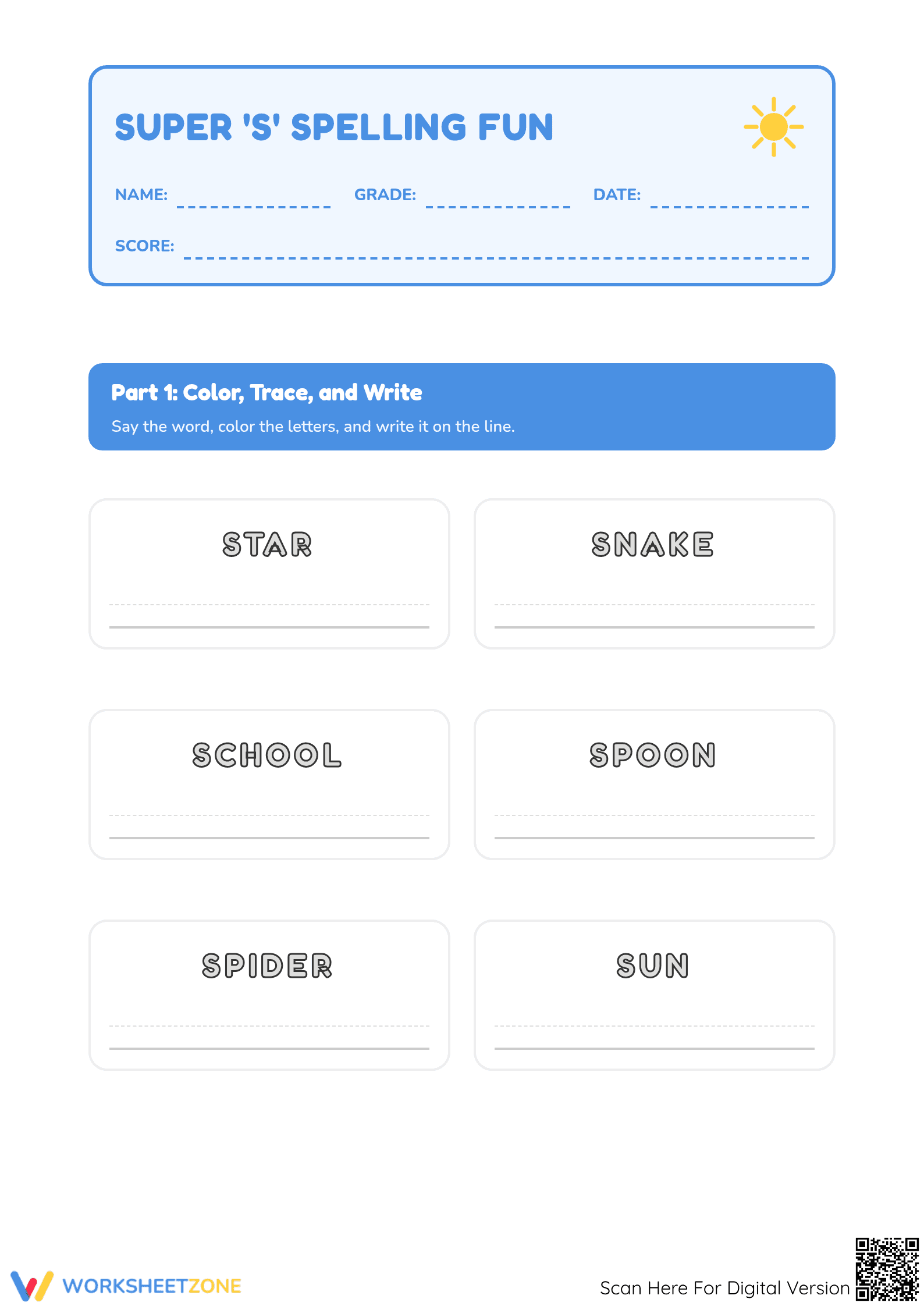 Printable 'S' Words Spelling Worksheet | Grade 1 ELA - Page 1