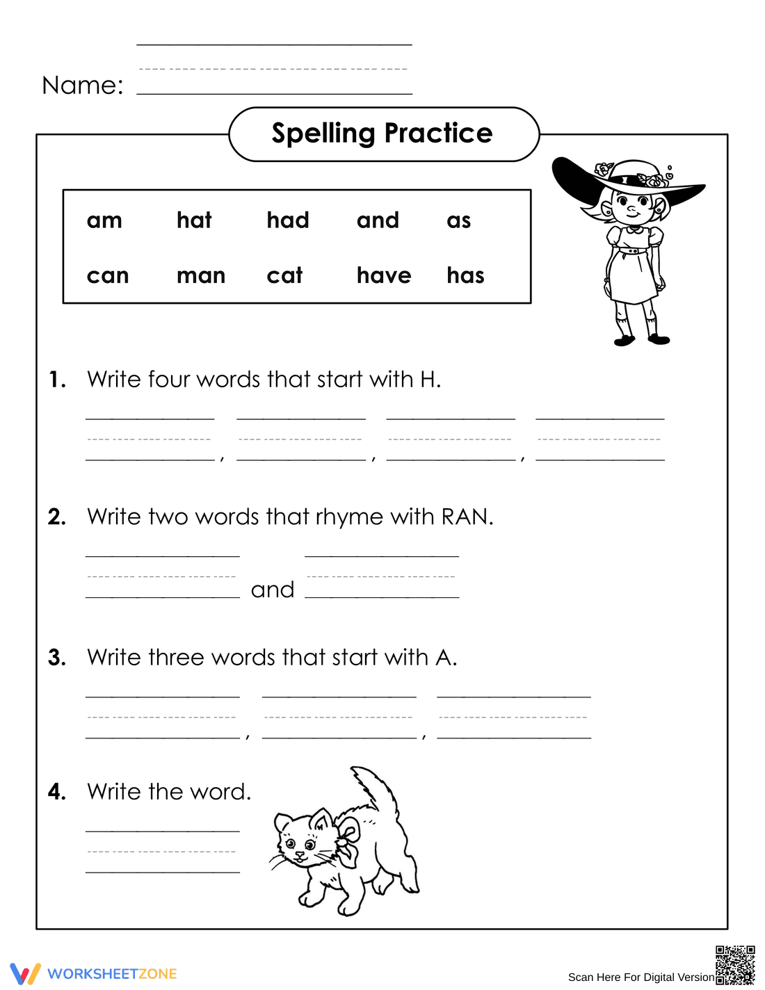 Printable Spelling Worksheet: Short A Words for Grade 1 - Page 1