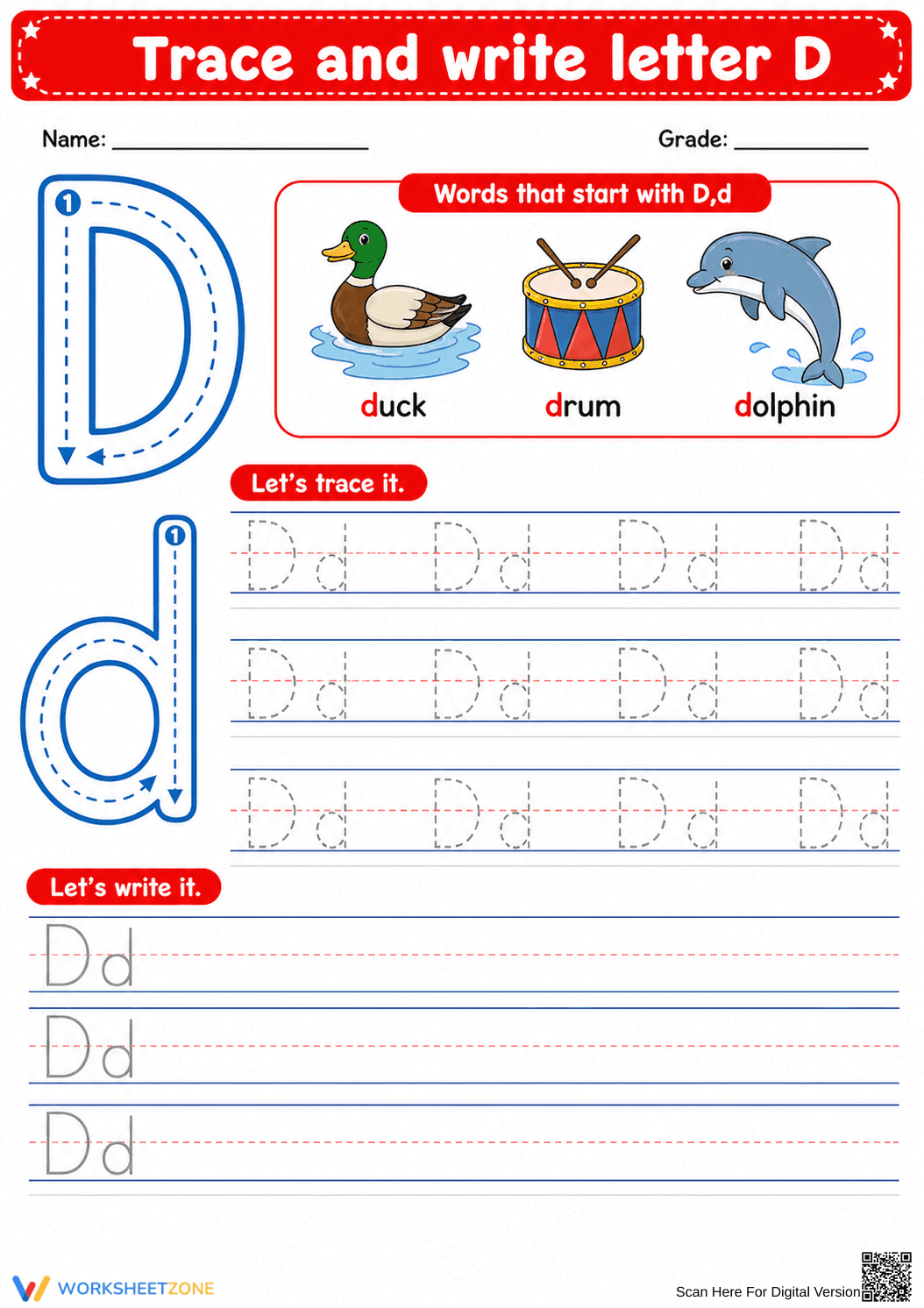 Printable Letter D Tracing Worksheet | Grade K ELA - Page 1