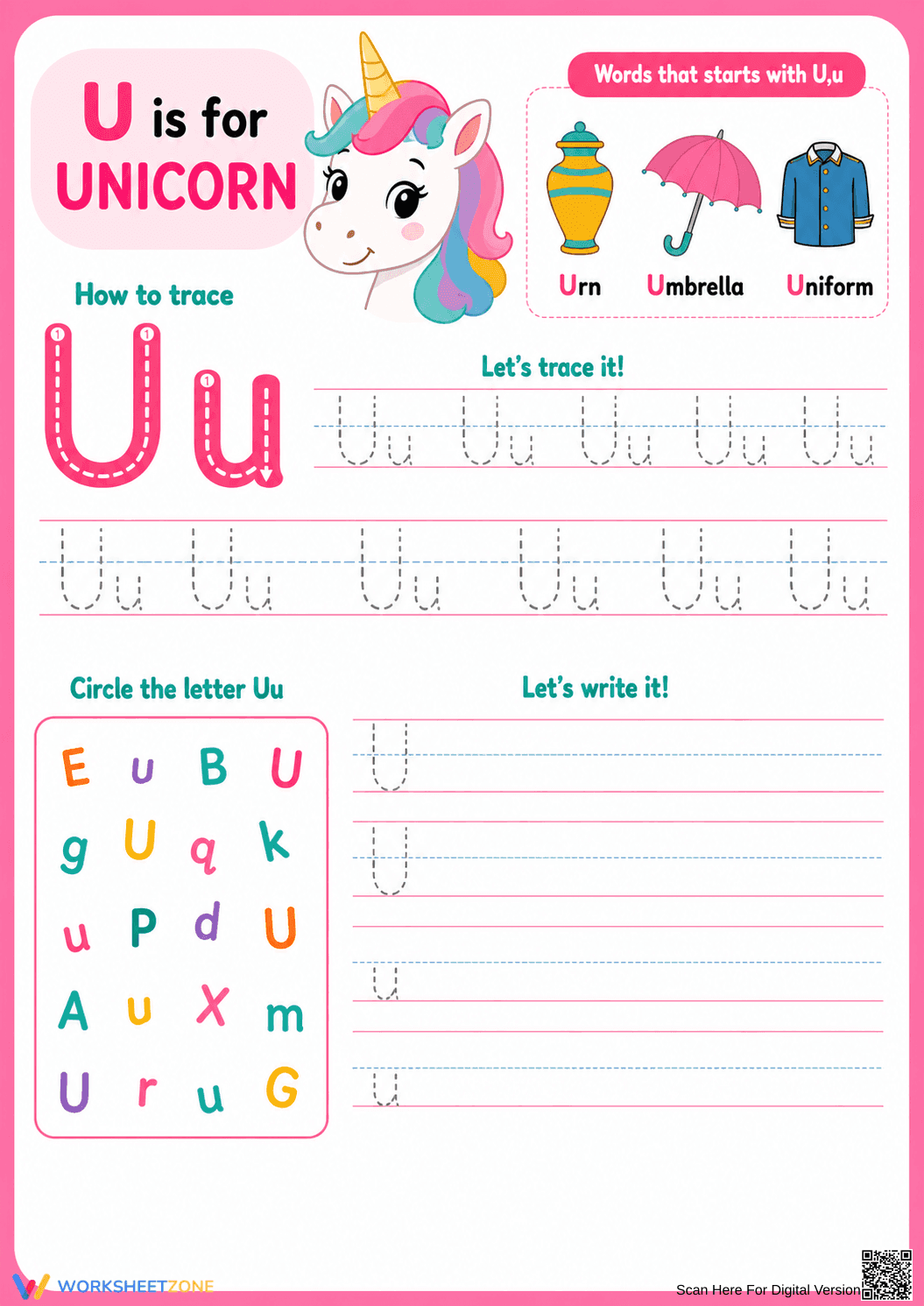 Essential Letter U Tracing & Writing Worksheet | Grade K - Page 1