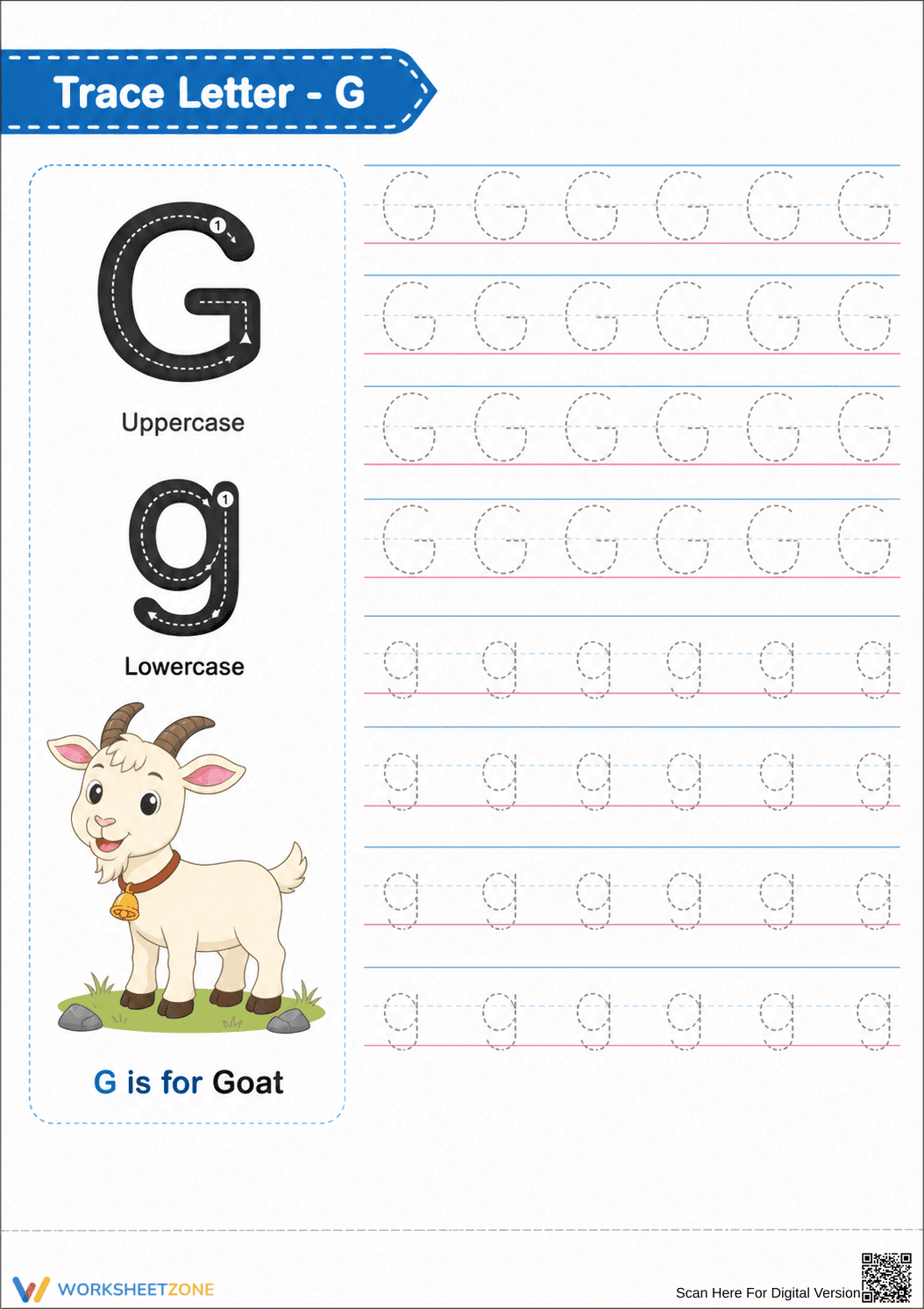 Trace Letter G Worksheet | Essential Grade K Phonics - Page 1