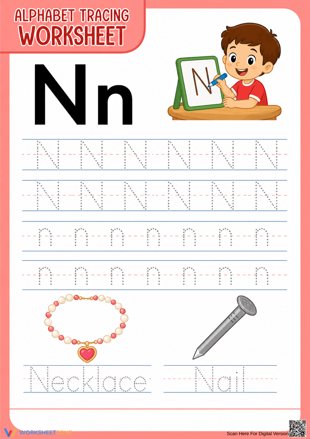 Printable Letter N Tracing Worksheet | Kindergarten ELA - Page 1