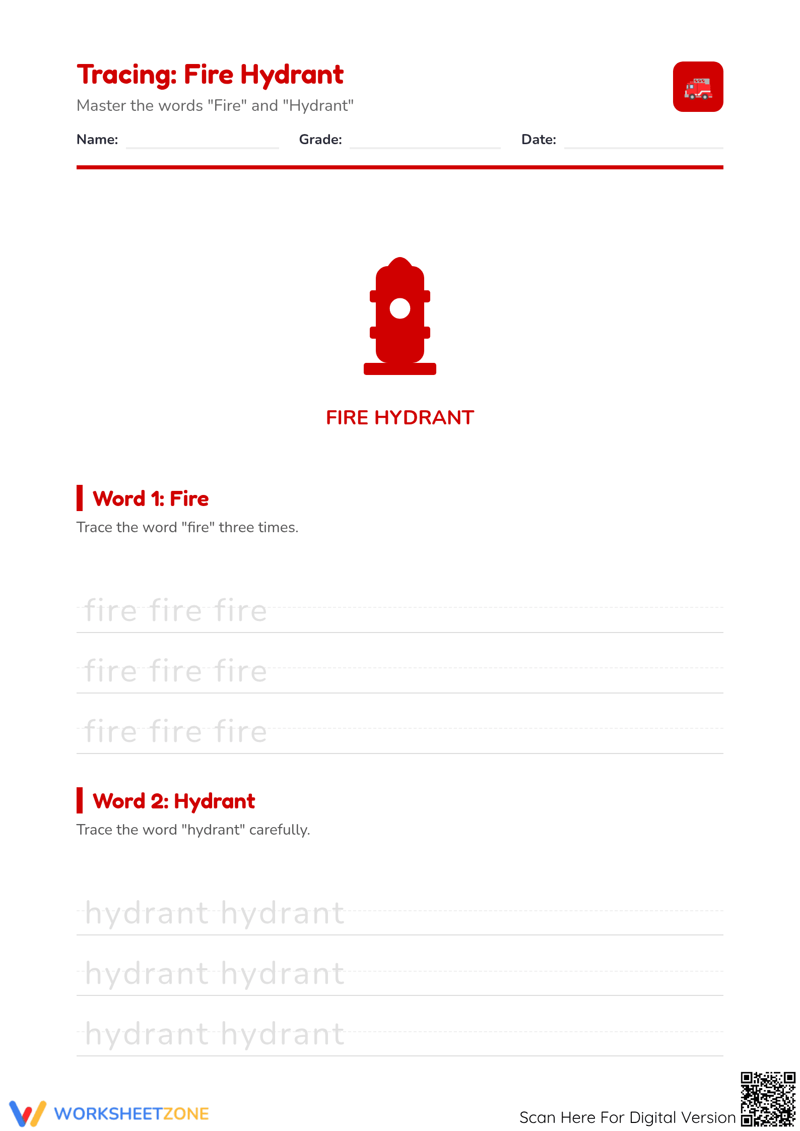 Fire Hydrant Tracing Worksheet | Essential Grade K-1 Phonics - Page 1