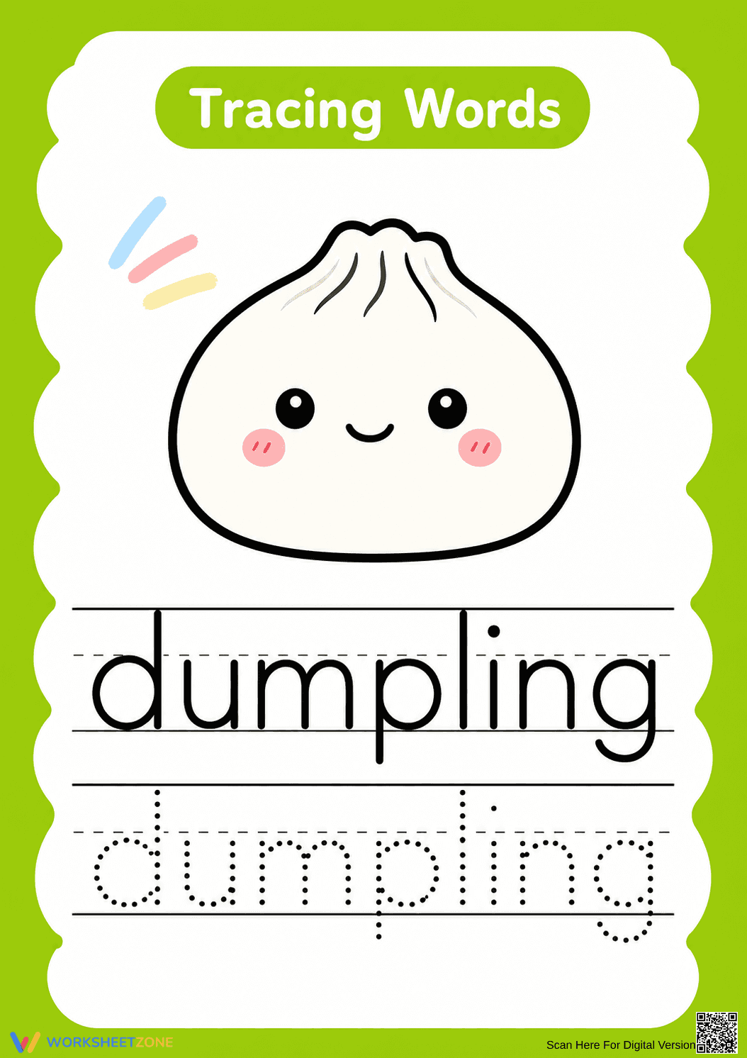 Printable Dumpling Word Tracing | Grade K ELA - Page 1