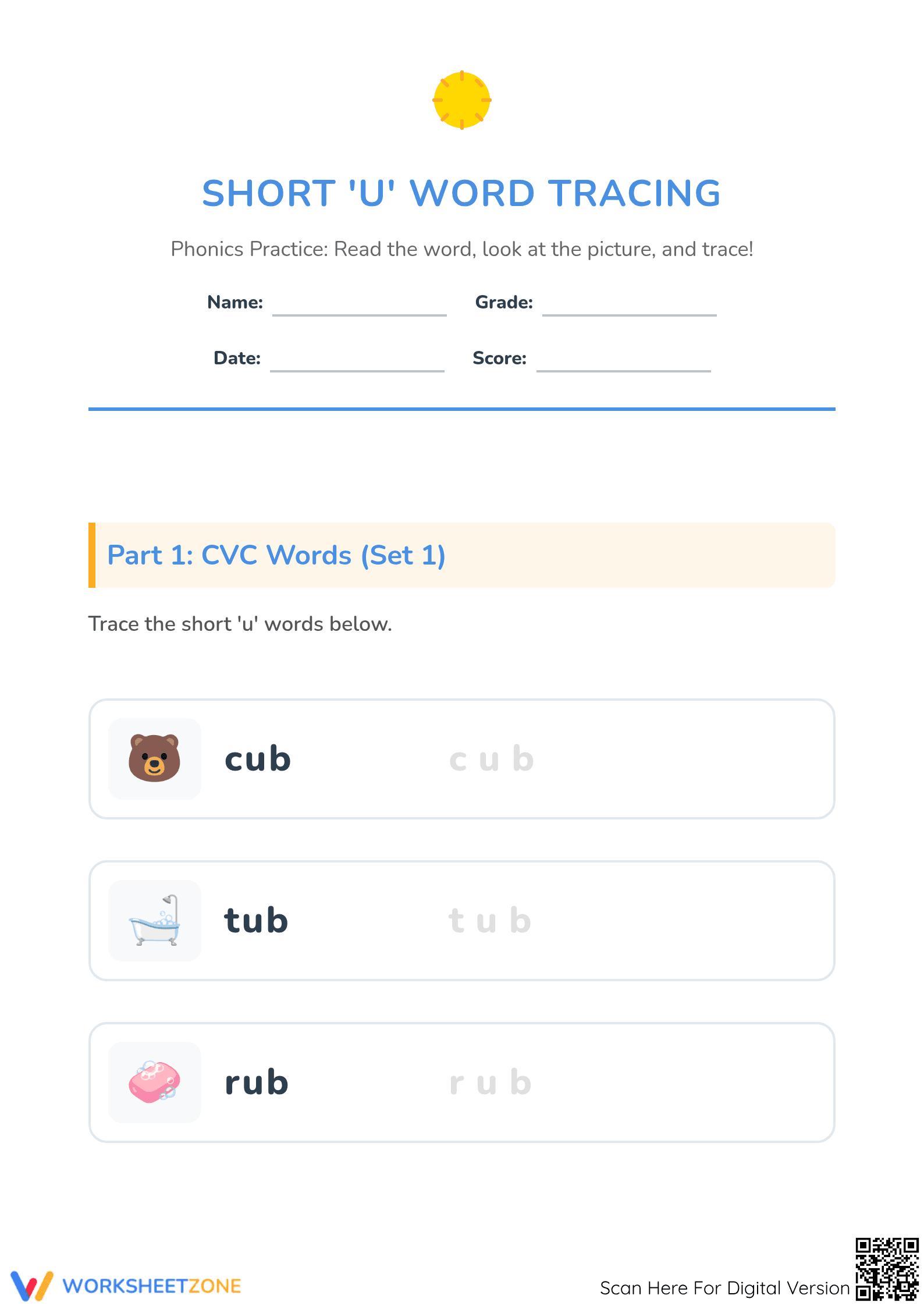 Essential Short U Tracing Worksheet | Grade K-2 Phonics - Page 1