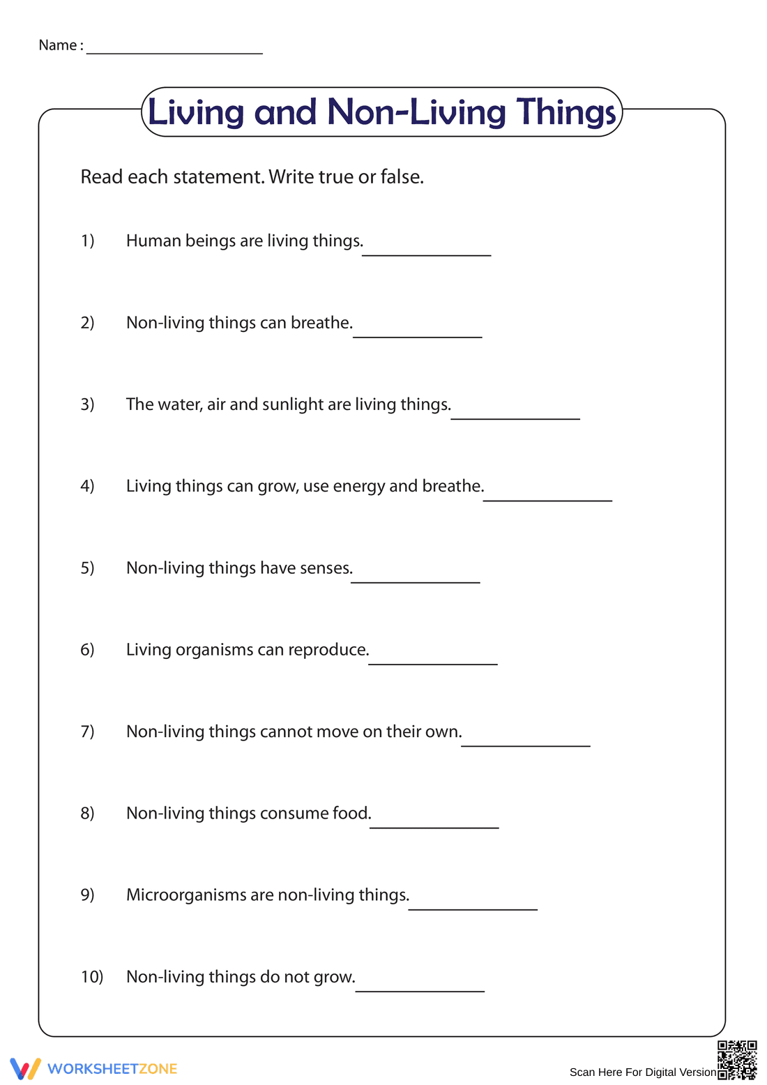 Living and Non-Living Things Printable Worksheet | Grade 3 - Page 1