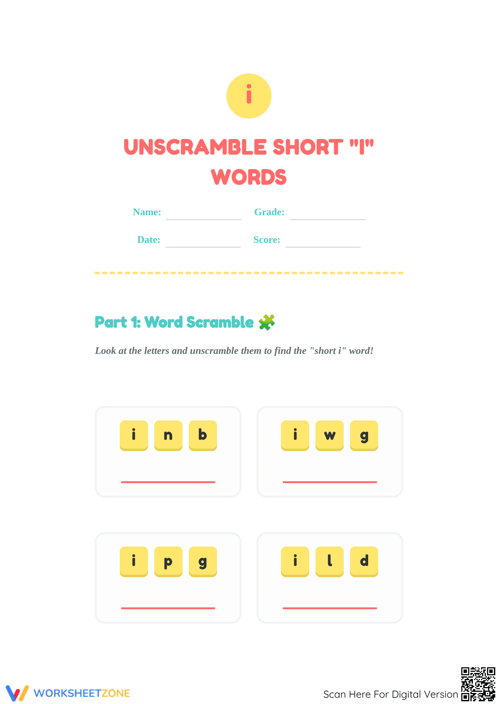 Unscramble Short I Words | Printable Grade 1 Phonics - Page 1