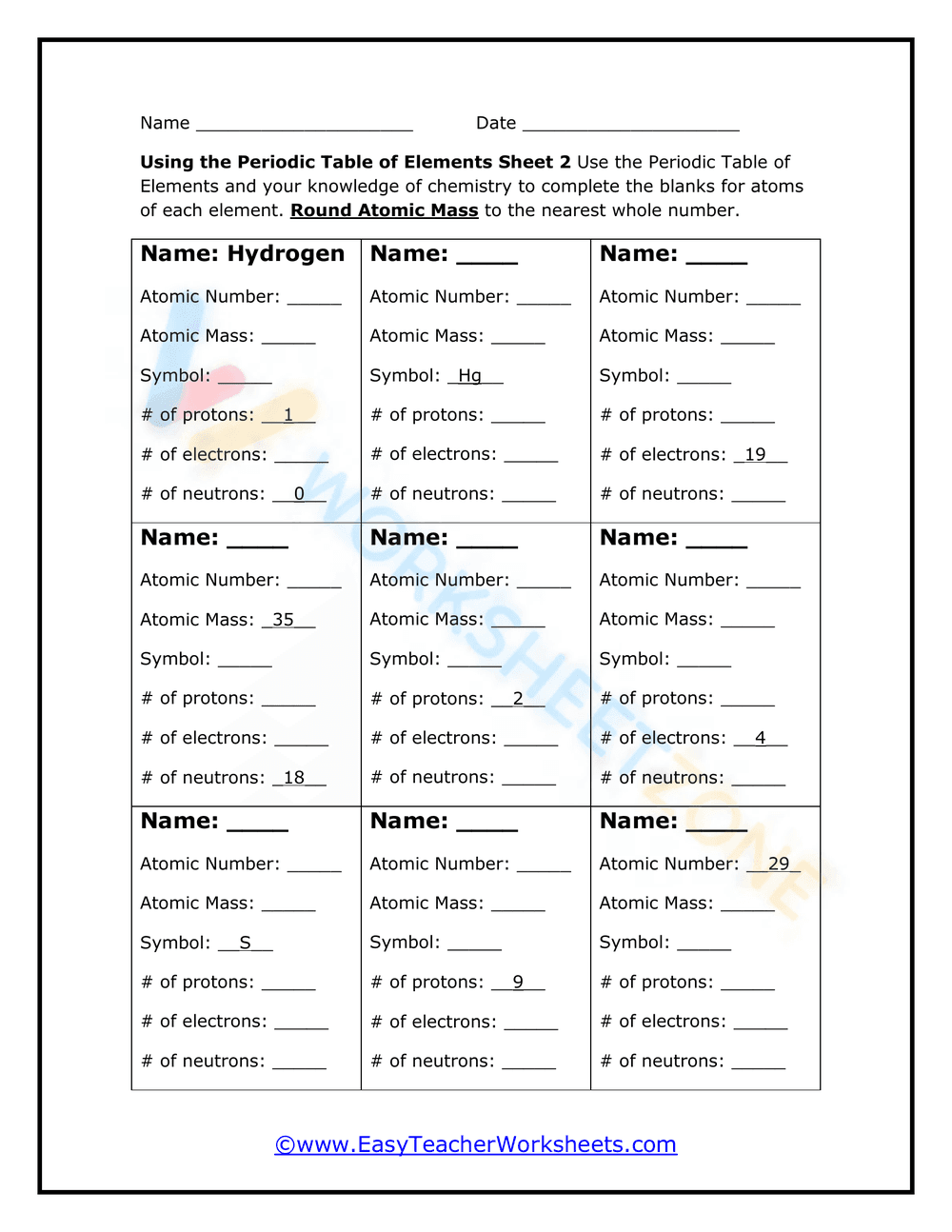 Printable Periodic Table Worksheet | Grade 8 Science - Page 1