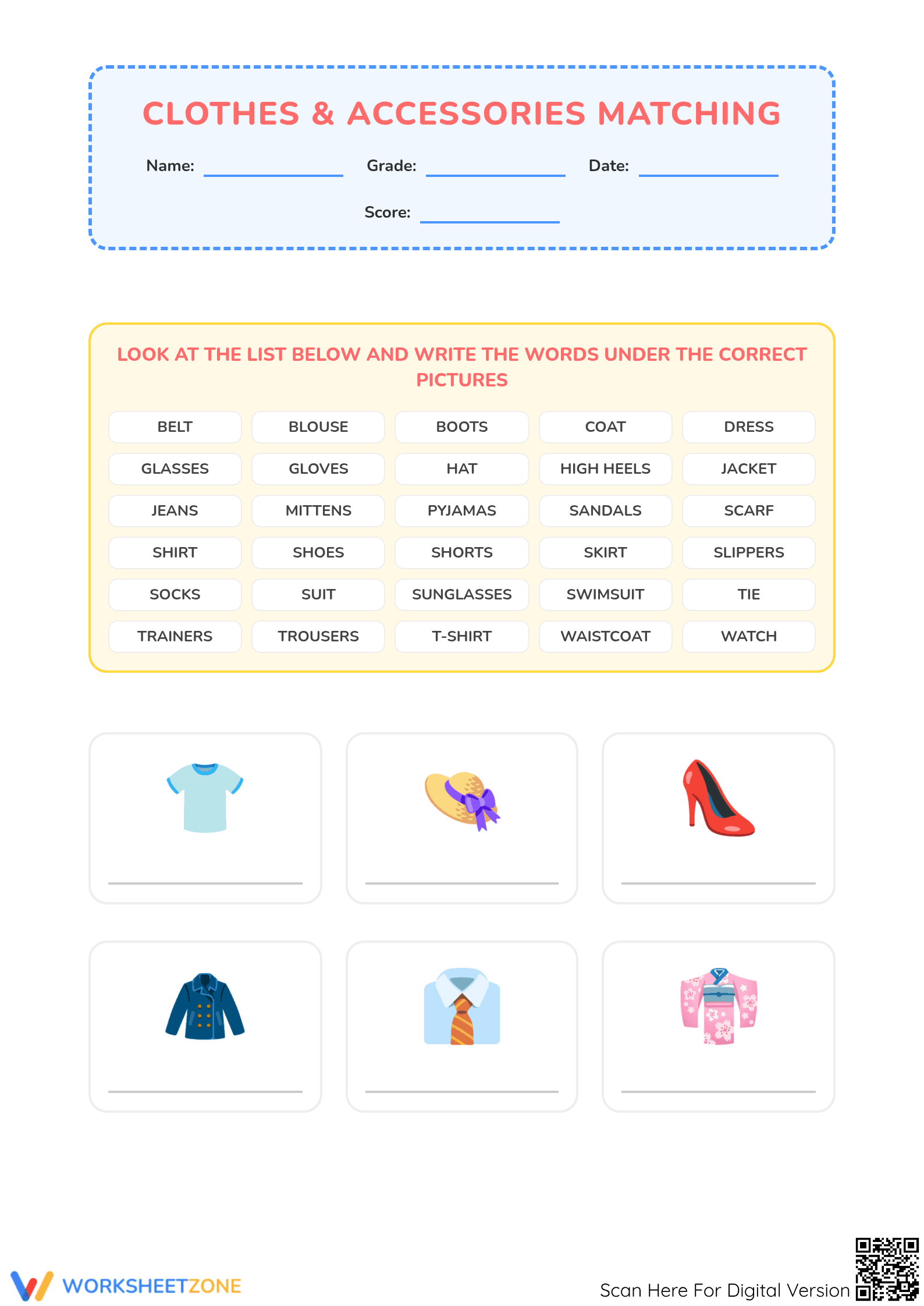 Grade 1 Clothes Vocabulary — Printable No-Prep Worksheet - Page 1