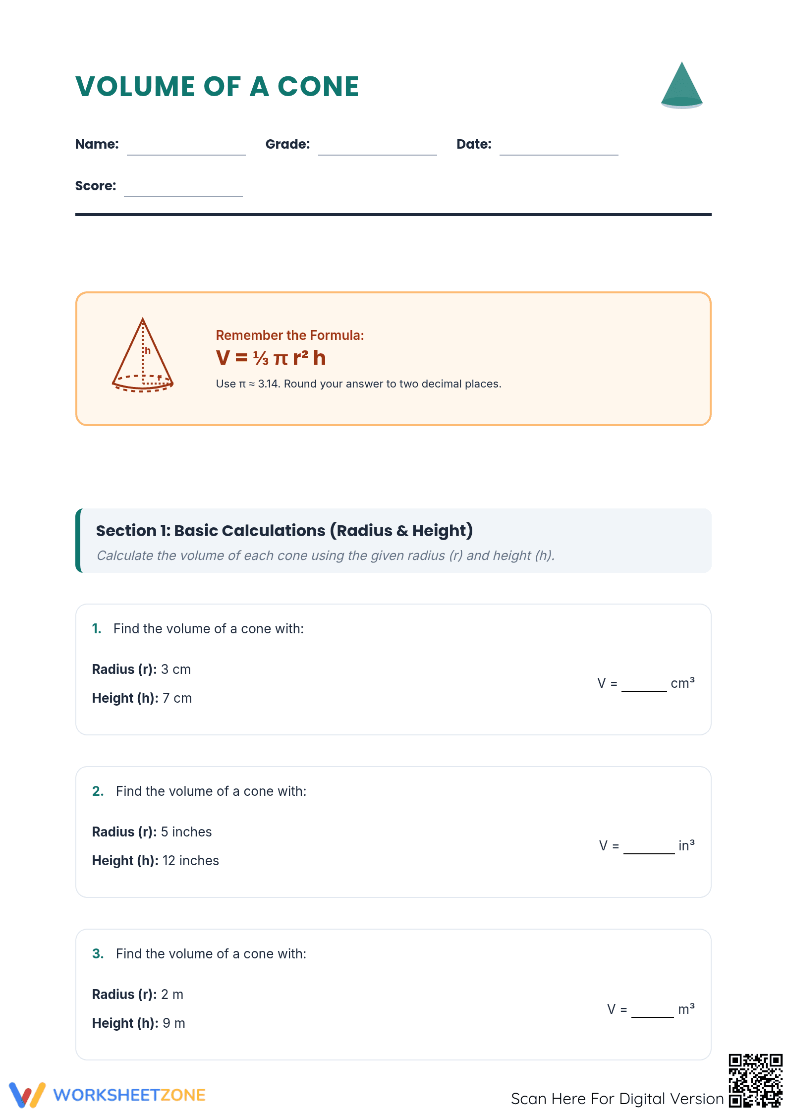 Printable Volume of a Cone Worksheet | Grade 8 Math - Page 1