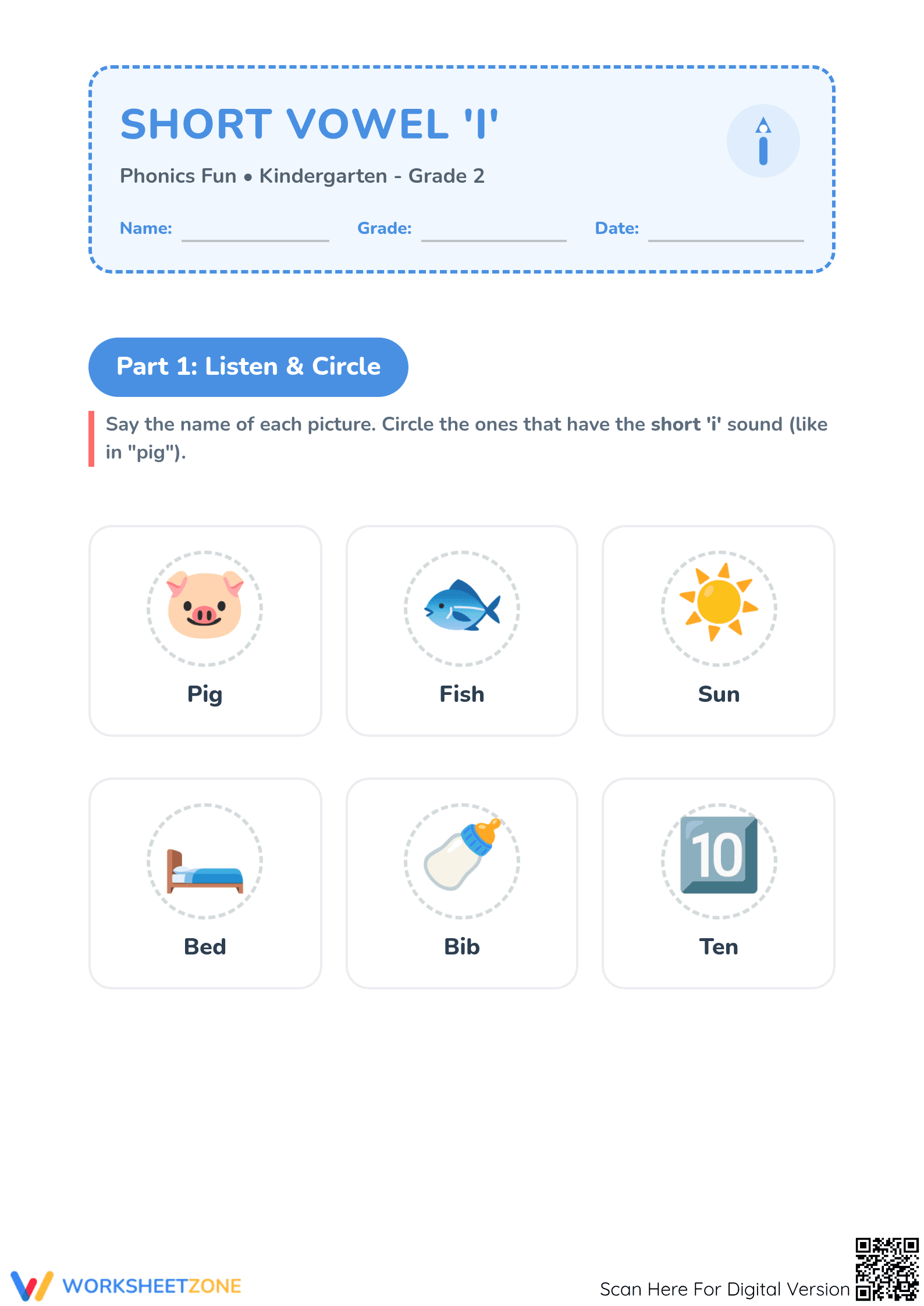 Short Vowel I Worksheet | Grade 1 Printable Phonics - Page 1