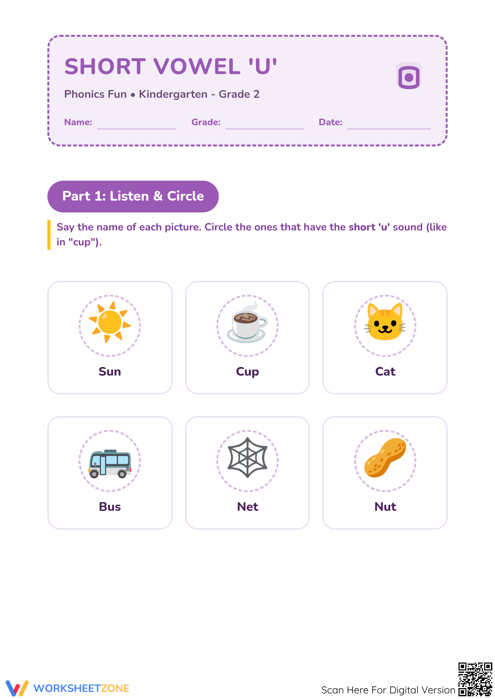 Short Vowel U Printable Worksheet | Grade 1 ELA - Page 1