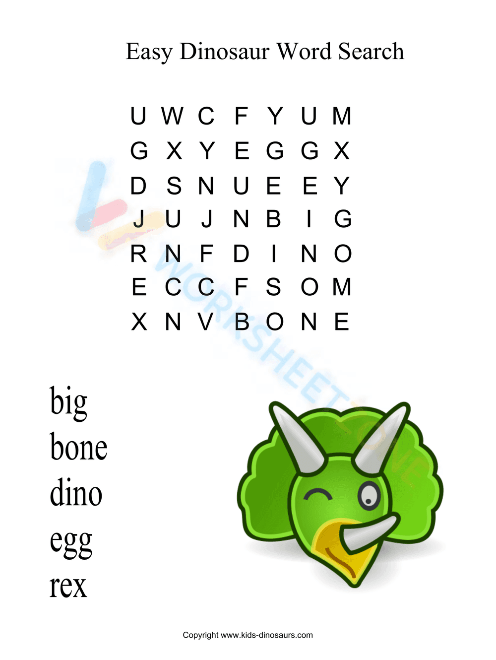 Printable Dinosaur Word Search for 1st Grade ELA - Page 1