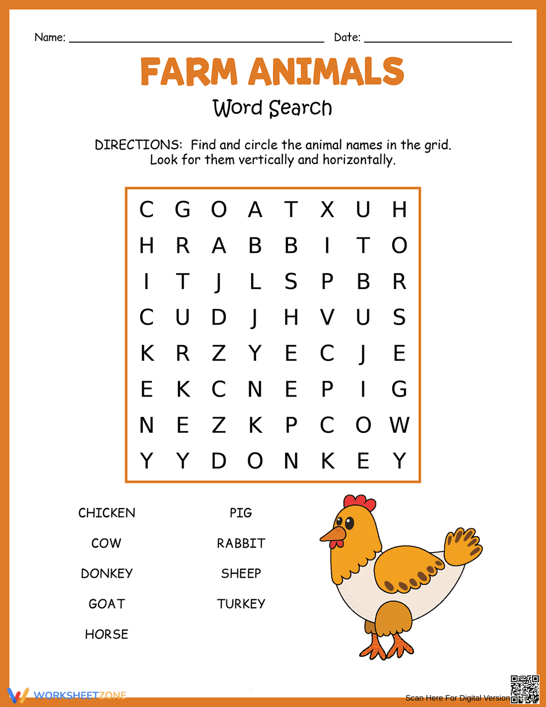 Printable Farm Animals Word Search for 1st Grade - Page 1