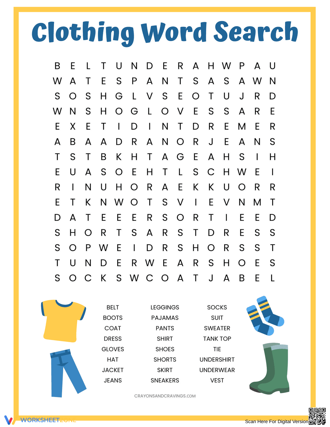 Clothing Word Search: Printable Grade 3 Vocabulary - Page 1