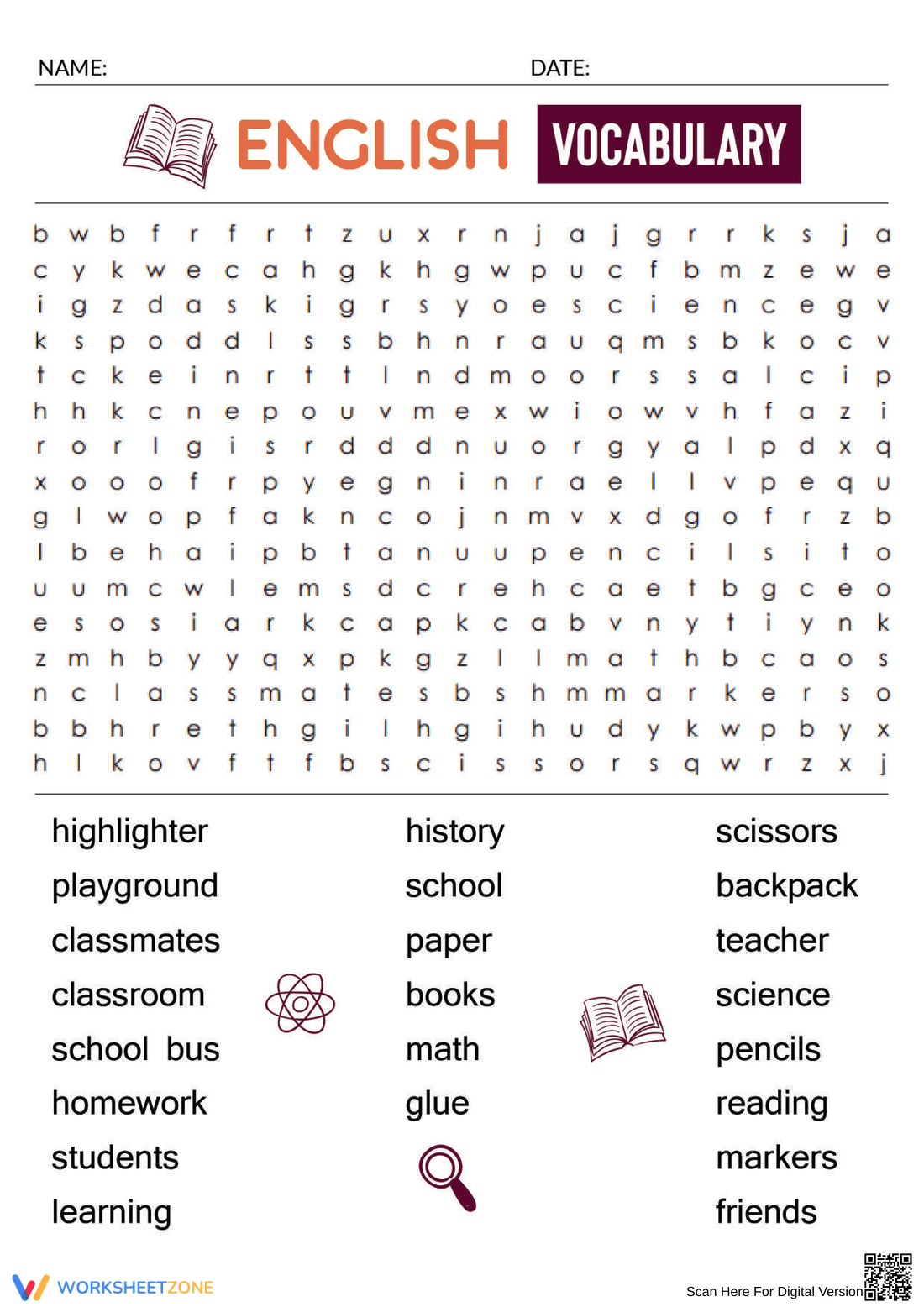 Printable High School Word Search: School Vocabulary - Page 1