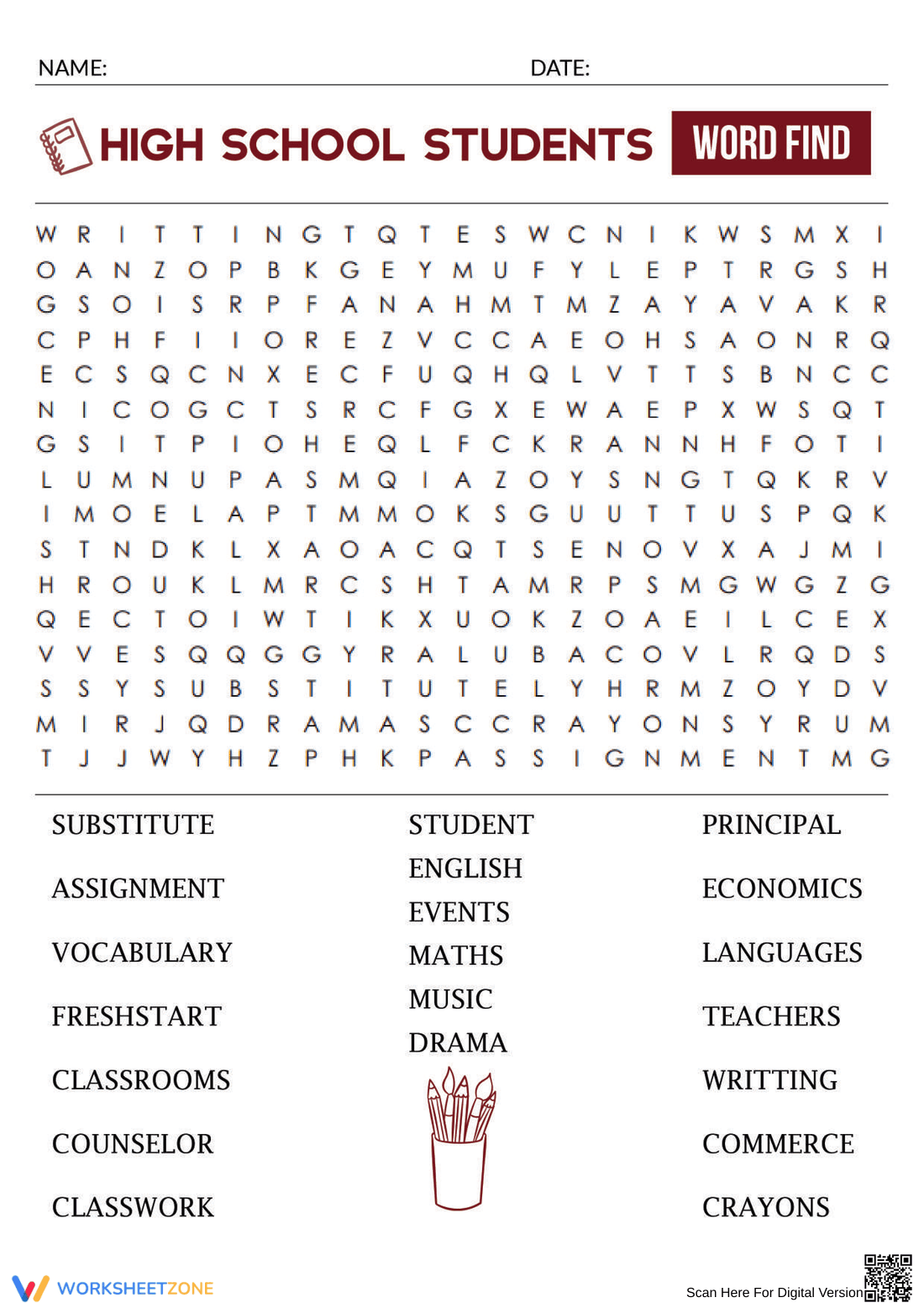 High School Word Search | Printable ELA Worksheet - Page 1