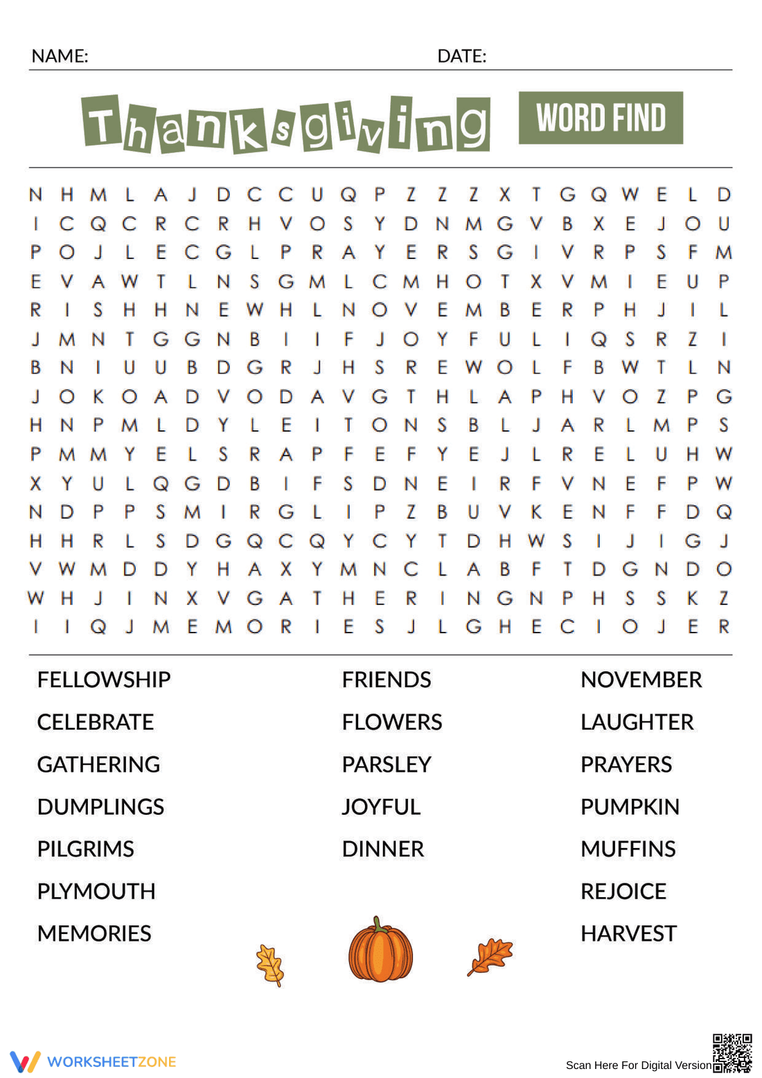 Grade 9 Thanksgiving Words — Printable No-Prep Worksheet - Page 1