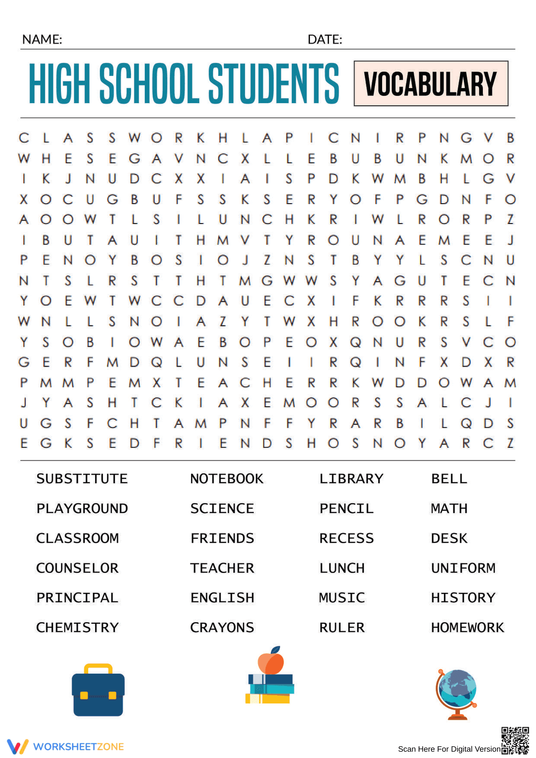 Grade 9 Vocabulary Word Search — Printable Worksheet - Page 1
