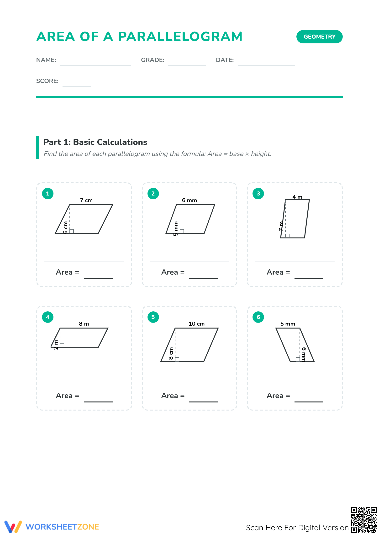 Area of a Parallelogram Worksheet | Essential Grade 6 Math - Page 1