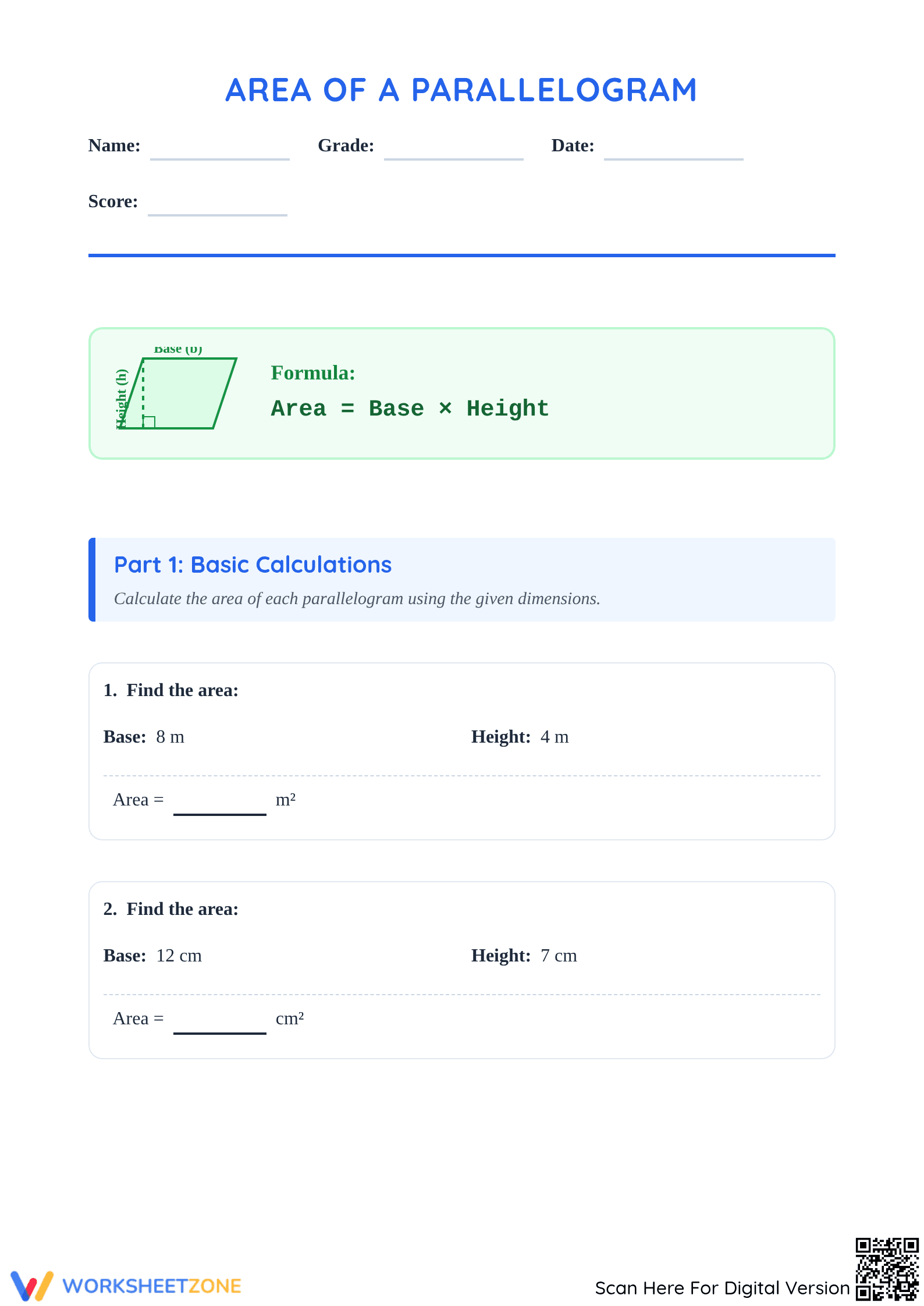 Grade 4 Area of a Parallelogram — Printable Worksheet - Page 1
